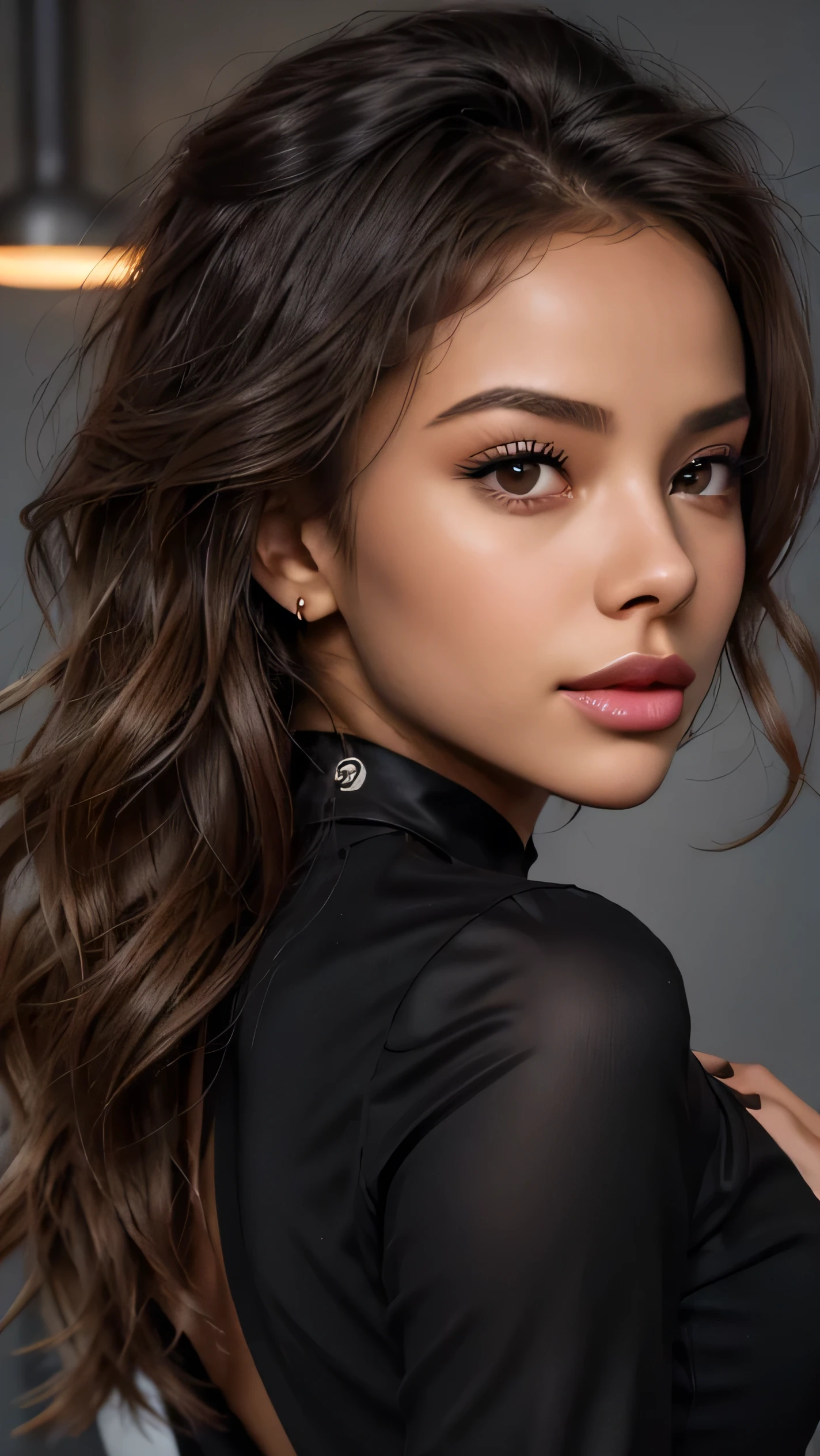 arafed woman with a black shirt and a black jacket, portrait sophie mudd, selfie of a young woman, tessa thompson inspired, with professional makeup, glowy, profile image, sexy face with full makeup, detailed flawless face, sultry look, perfectly lit face, headshot profile picture, light skin, ayahausca, with brown skin