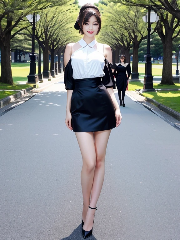  hyperrealistic 8K,  ultra-high definition and realistic depiction , I'm wearing , fashion photography, (Full body leg shot ),  Japanese woman standing, Vintage and beautiful Japanese female models,  full-body image of a Japanese woman in an empty park , Hands behind the body,  I'm wearing a strict black business suit , Black short tight skirt ,  black ankle strap pumps, Seductive figure ,  , Delicate makeup,  beautiful face, Smiling, The eyes of the audience , My eyes are very well-balanced ,  very detailed eyes,  Thin Waist,  thin thighs 