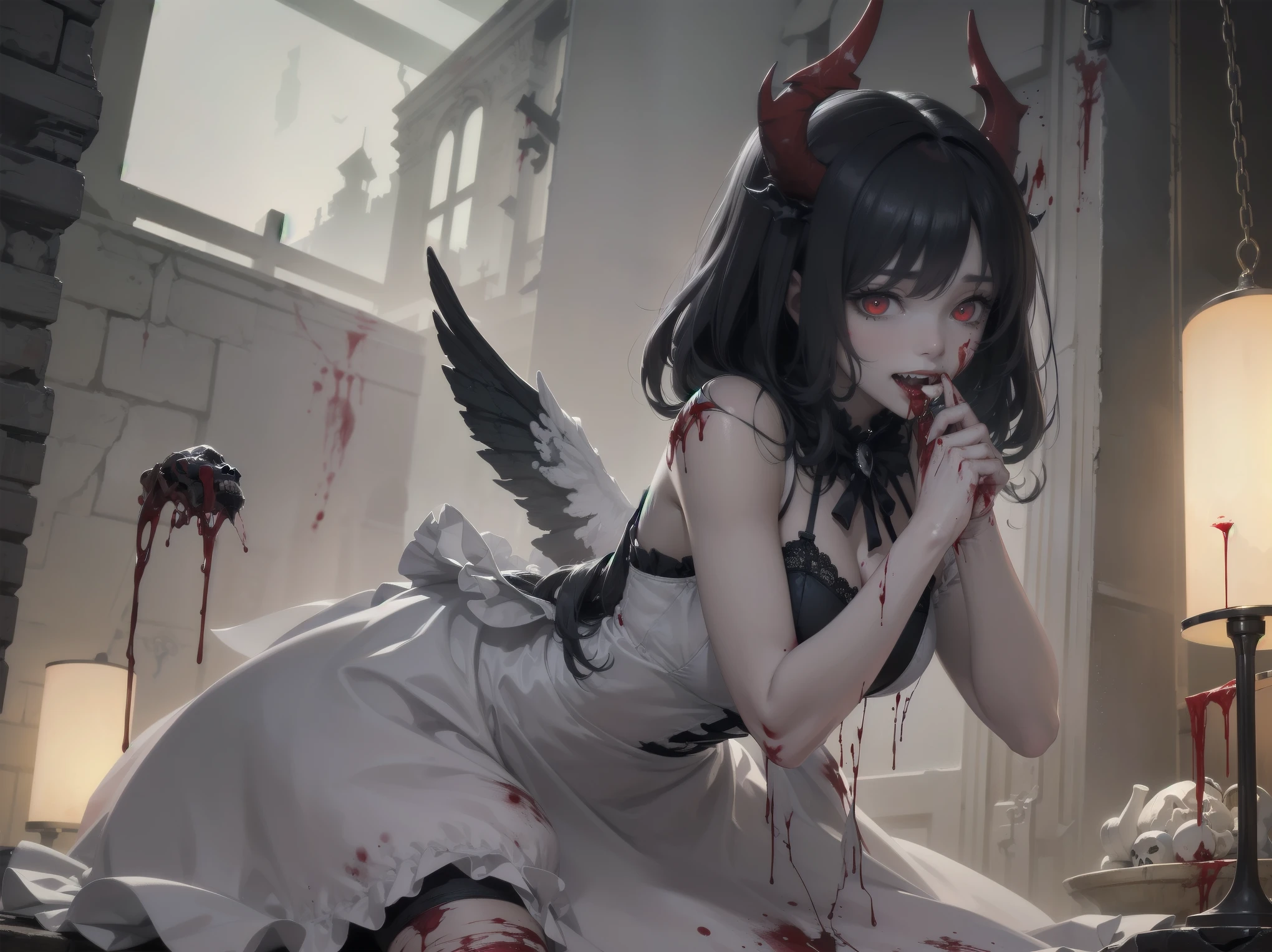 (Highest quality,4K,High resolution,masterpiece:1.2),Very detailed,Realistic:1.37,Spooky altar background,Dark fantasy,Red color scheme,Ominous atmosphere,Eye-catching,Storytelling,anatomy,Anime Style,Concept Art,beautiful face with attention to detail (((Red eyes ))),A terrifying ritual ,Satanic Ritual,Premature death,inappropriate behavior, Smile ,Scythe Face,Girl Monster, beautiful, Delicate facial features, Sharp Eye, Sharp fangs, pale skin, Thick chain, Dark Background, Cinema Lighting, Dramatic Shadows, Gothic style, Gloomy atmosphere, Dark fantasy, One Girl, , Please open your mouth wide, Open your mouth and baring your teeth,Sharp teeth like a beast, Wide lips, very wide mouth, Vermilion cheeks, ,(Blood splatter:1.4),Scary smile, smile,Fallen angel design, Twisted smile、Bloody、bleeding from the head,,,,,、Blood splatter、,(Blood splatter:1.4),Crossbones, skull,Horror Style, ((Fantasy Fallen Angel Costume)), ((Flowing black hair)), ,(Blood splatter:1.4),Female curves, Sexy flat stomach, Perfect hands, Perfect anime face, ((White ta Dress)), Are standing, (( Evil Smile)), ,(Blood splatter:1.4), Steam circulates, Moonlight Illumination, night lighting, disaster々new devil horns,,(Blood splatter:1.6),Anime fallen angel design, Twisted smile、Bloody、bleeding from the head,,,,,、Blood splatter、,(Blood splatter:1.4),Crossbones, skull,Gothic architecture、Western architecture、Fantasy World、,Victorian cities, Skeleton Gas Light,Absurd, High resolution、 ((Tabletop)), ((Highest quality)), (Very detailedな), ((Very detailed)), (beautiful), ((pretty girl)), (NFSW:1.8), alone,(:1.6)、(world&#39;The most terrifying and creepy demon girl:1.5)beautiful face、Whole Body Ezbian、pale,  beautiful skin 、Beautiful black hair、Smiling Kindly、Dark building ruins、(snow white&#39;Frill dress:1.3)、(The dark ruins are stained with blood:1.3)、Low angle full body shot、(The girl is standing in a pool of blood:1.5)、(The ground is :1.3)、(The girl lost a lot of blood....:1.3)、)、( Smile :1.6)、Spirits、(Blood dripping from the mouth:1.3)