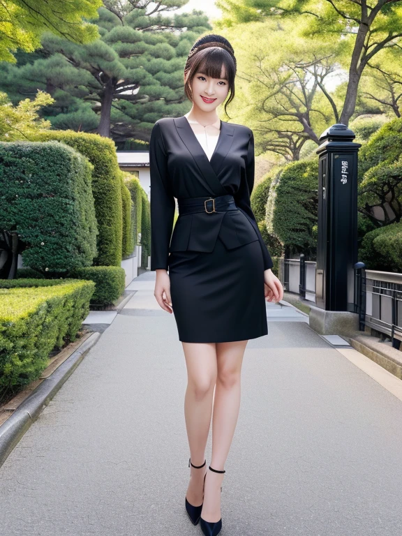  hyperrealistic 8K,  ultra-high definition and realistic depiction , I'm wearing , fashion photography, (Full body leg shot ),  Japanese woman standing, Vintage and beautiful Japanese female models,  full-body image of a Japanese woman in an empty park , Hands behind the body,  I'm wearing a strict black business suit , Black short tight skirt ,  black ankle strap pumps, Seductive figure ,  , Delicate makeup,  beautiful face, Smiling, The eyes of the audience , My eyes are very well-balanced ,  very detailed eyes,  Thin Waist,  thin thighs 