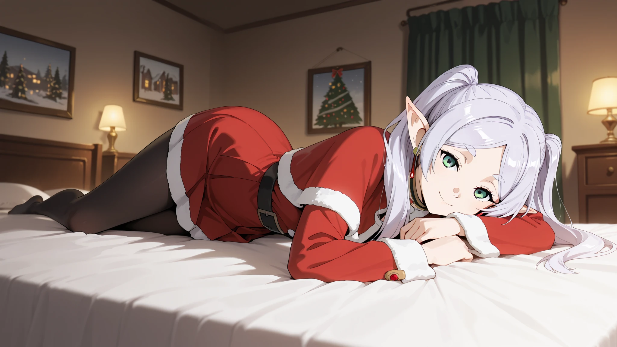 (masterpiece), best quality, absurdres, very aesthetic, looking at the viewer, nice hands, 1 girl,zzFrieren, long hair, smile,  twintails, green eyes, grey hair, pointy ears, elf, zzFrieren, long hair, twintails, green eyes, grey hair, pointy ears, elf, shirt, long sleeves, jewelry, earrings, red capelet santa , christmas, santa costume, room decoration, christmas decorated room, pose in bed, red skirt, black pantyhose,