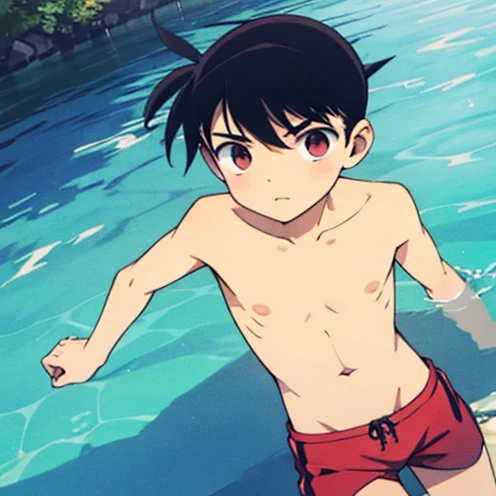 Boys, swimming trunks, Slim Sexy , black hair,  naked body,  Red-Faced, 