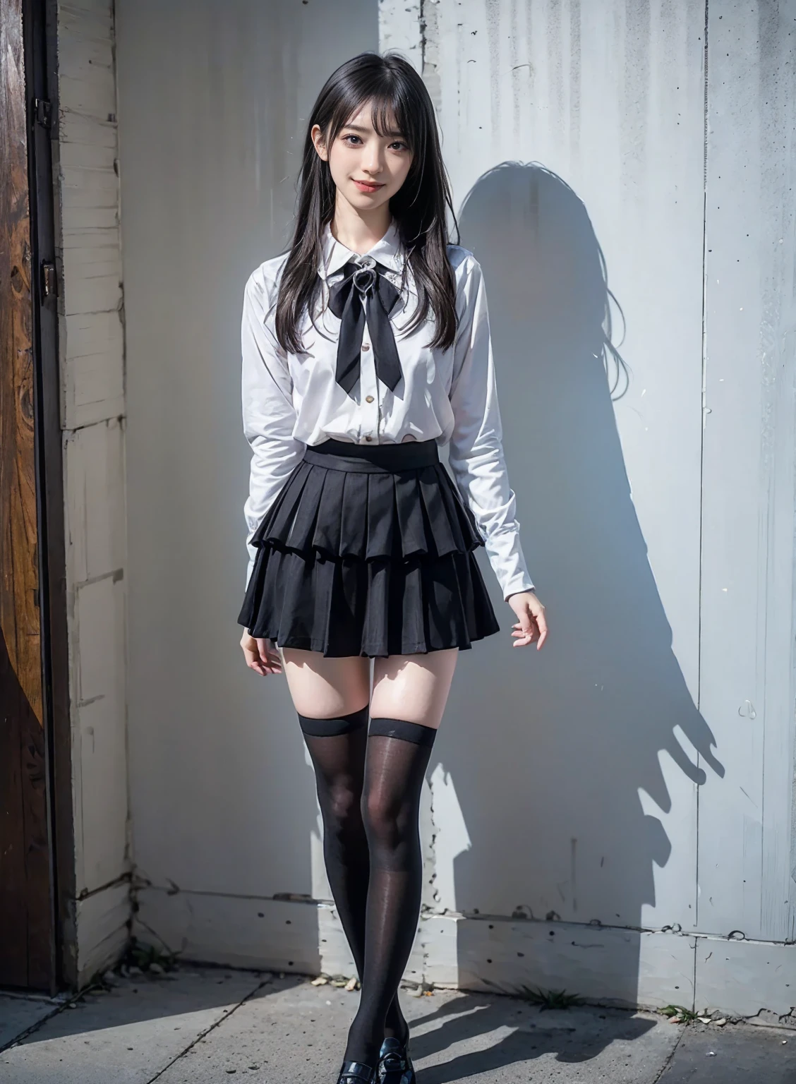 Full body photo,8K,Highest quality, High resolution, masterpiece,One girl, Long black hair,Schoolgirl Uniform, shy, blush, (masterpiece, Highest quality), Soft Light, Structure of the film, Cinematic Light