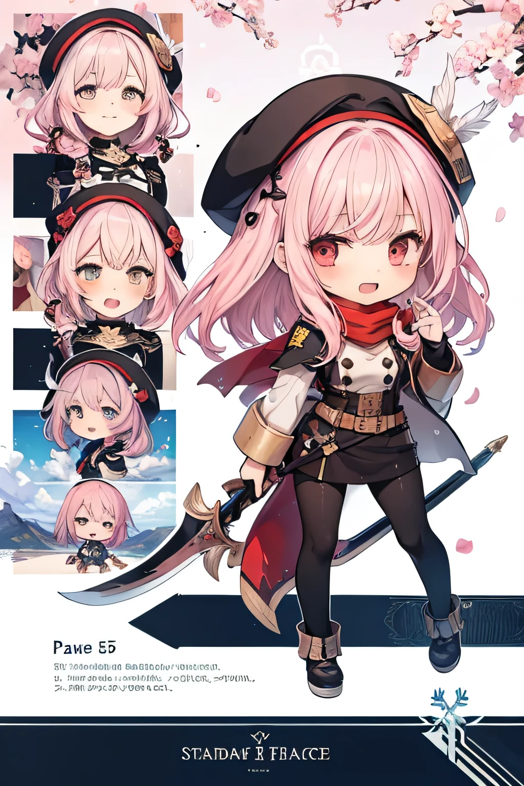 Serious girl ( showing teeth), standing, combat pose,  pink hair color,  mmorpg background ,  mmorpg background (A stranger), complete anatomy,   graphic effects ,  ornament of an accessory shaped like a fish tail over the ears, aura, Feather beret, sword weapon, red scarf, height 159 cm  ( 5 feet 3 inches ),  summoning circle, Castea skill Aura Blade ( ragnarok online ), Blue Fire Force +vapor,  fire around, strong breeze ,  sakura petals and leaves, primera persona, blush,  looking at the spectator , Charm, Pausa de toque ciego  looking at the spectator ,  anime style very detailed face, 8K, light and shadow effect.  masterpiece,  The best quality , fullbody, Chibi, , (change:1.2), Nendoroide, PVC models 