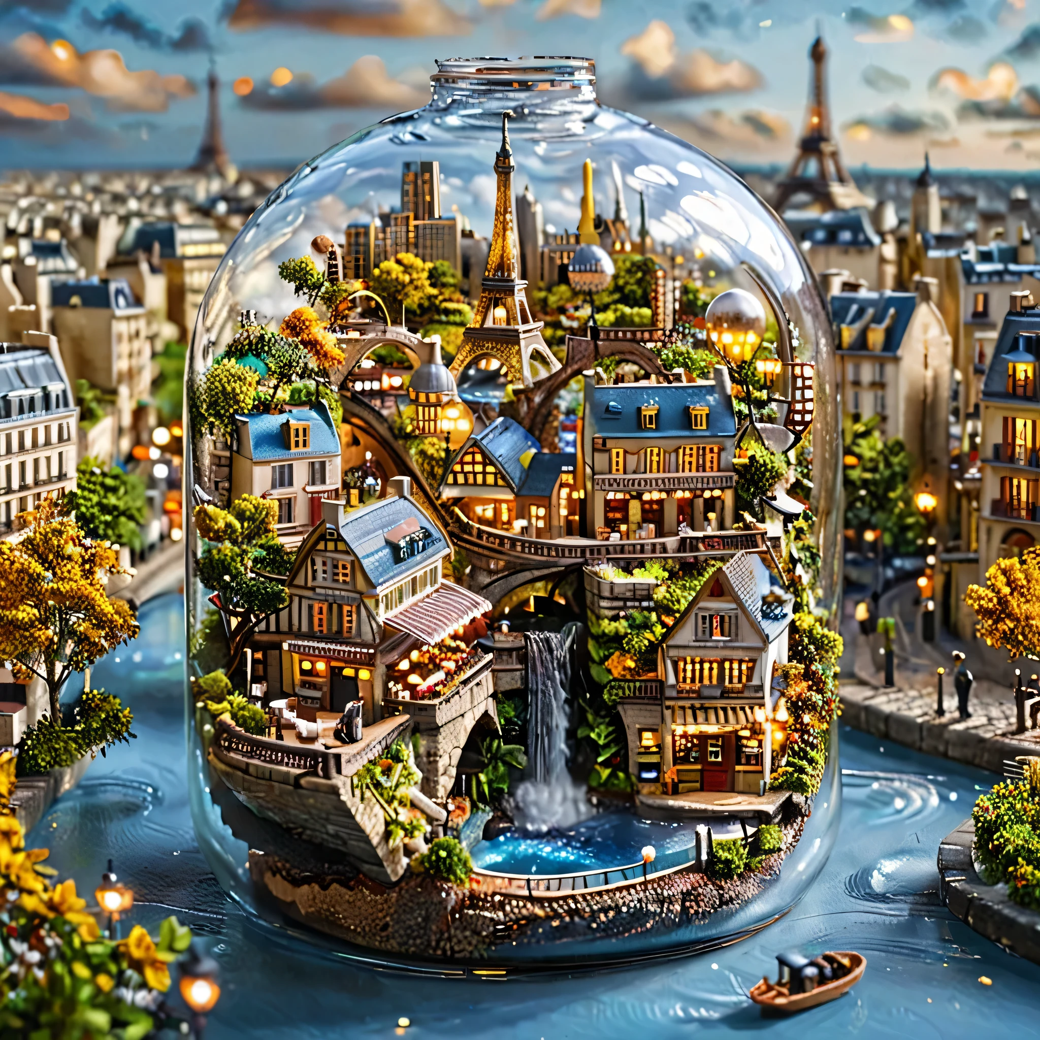 Floating Paris City with the Eiffel Tower: "(tilt-shift photography, masterpiece, superior quality, best quality), (ultra-detailed, absolute resolution), ((16k, high resolution)). A magical representation of Paris, with the majestic Eiffel Tower situated in the center of a floating island on white and golden clouds. All around, historic Parisian buildings with blue roofs, cobblestone streets and cafes with outdoor seating are connected by elegant bridges and small hot air balloons. Airships float through the clear blue sky. Include flowering trees and hanging gardens with colorful flowers. Waterfalls gently fall from the island to the sky below, while bright lights illuminate the city, creating a romantic and magical ambiance. scene with serenity