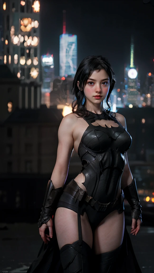 ((masterpiece, Highest quality, High resolution, Realistic, to be born, 8k wallpaper)), (Huge and stunning goddess shot,From above, Very hot and sexy, Great beauty, Perfect balance, Beautiful body, Slim body beauty: 1.4), 夜の街のスカイラインを見下ろす屋上に立つBatman, Gotham city background, nighttime in Gotham city, Gotham city, 映画Batmanから, Gotham city double exposure, Gotham city style, Batmanのフィルムスチル, metropolis filmic Gotham city, サイバーパンクBatman, Batman映画の静止画, Batman映画ではスチルシネマティック, Gotham setting, Batman, Gotham,