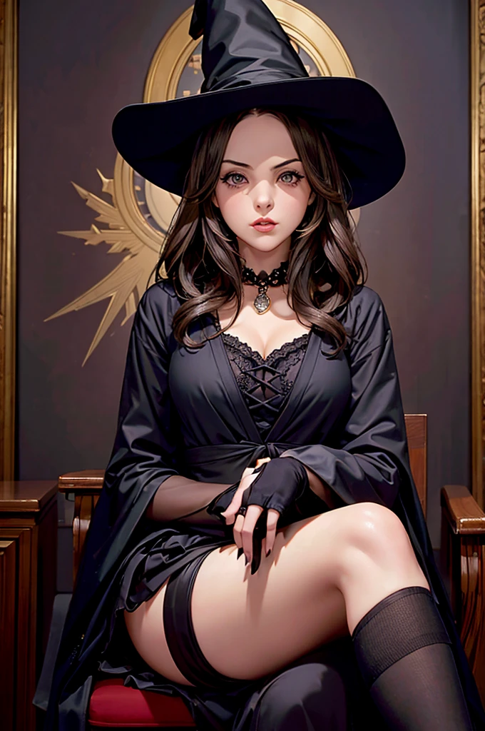 elizabeth gillies, dark brown hair, black witch hat, black robe, golden details, half up, Looking at the audience, (High resolution of the highest quality), ((masterpiece best quality:1.2)), inn background