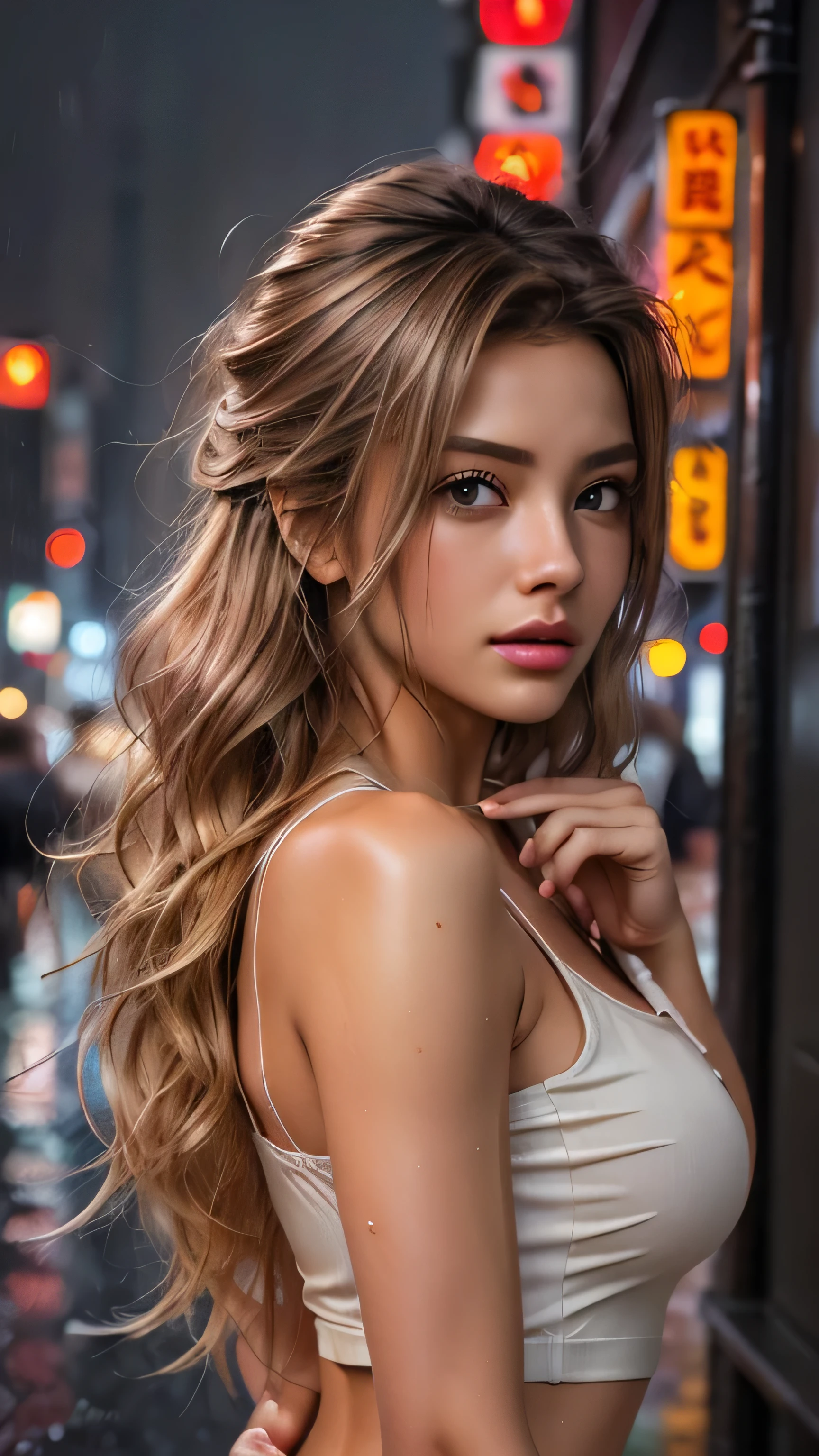 8k, RAW photo, best quality, masterpiece:1.2), (realistic, photo-realistic:1.37), Tokyo street, night, rain, wet, cityscape, night, cyberpunk city, soft light, 1girl,, extremely beautiful face, bust, put down hands, Random hairstyle, Random hair color, Random expression, pigsney