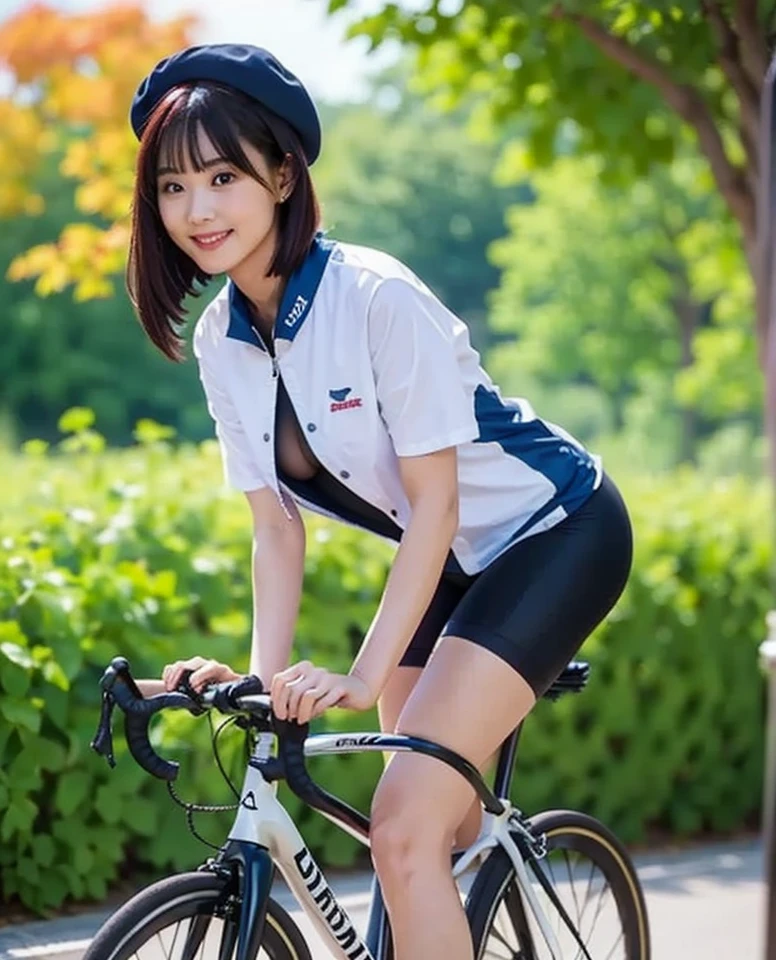 ( realistic ), ( EXQUISITE DETAILS : 1.2), (masterpiece: 1.3), ( top quality: 1.4), (Ultra High Resolution A: 1.2), Ultra High Resolution A, ( detail eyes ), ( detailed face ), Dramatic lighting,  Clear Focus ,  one beautiful girl ,  beautiful Japanese idol ,( sexy bike racing uniform ), uniform with open chest ,  Perfect Teenage Girl Riding a Bike,In addition々Sissy Face ,   beautiful face, Smiles, big full breasts ,skin,Big Size Earth, see-through sexy shirt ,光沢のあるskin,Perfect hands,Nice legs,Wet skin sweat,( Road Bike Riding :1.2),Ginkgo tree with leaves,Autumn blue sky,(Leaves fall......),Pose showing buttocks , viewers with flowers in their hair,( showing head to thighs:1.2),  back view、 toned buttocks 、 toned thighs 、 short bob 、 red hair、Wear a beret、 slender 、