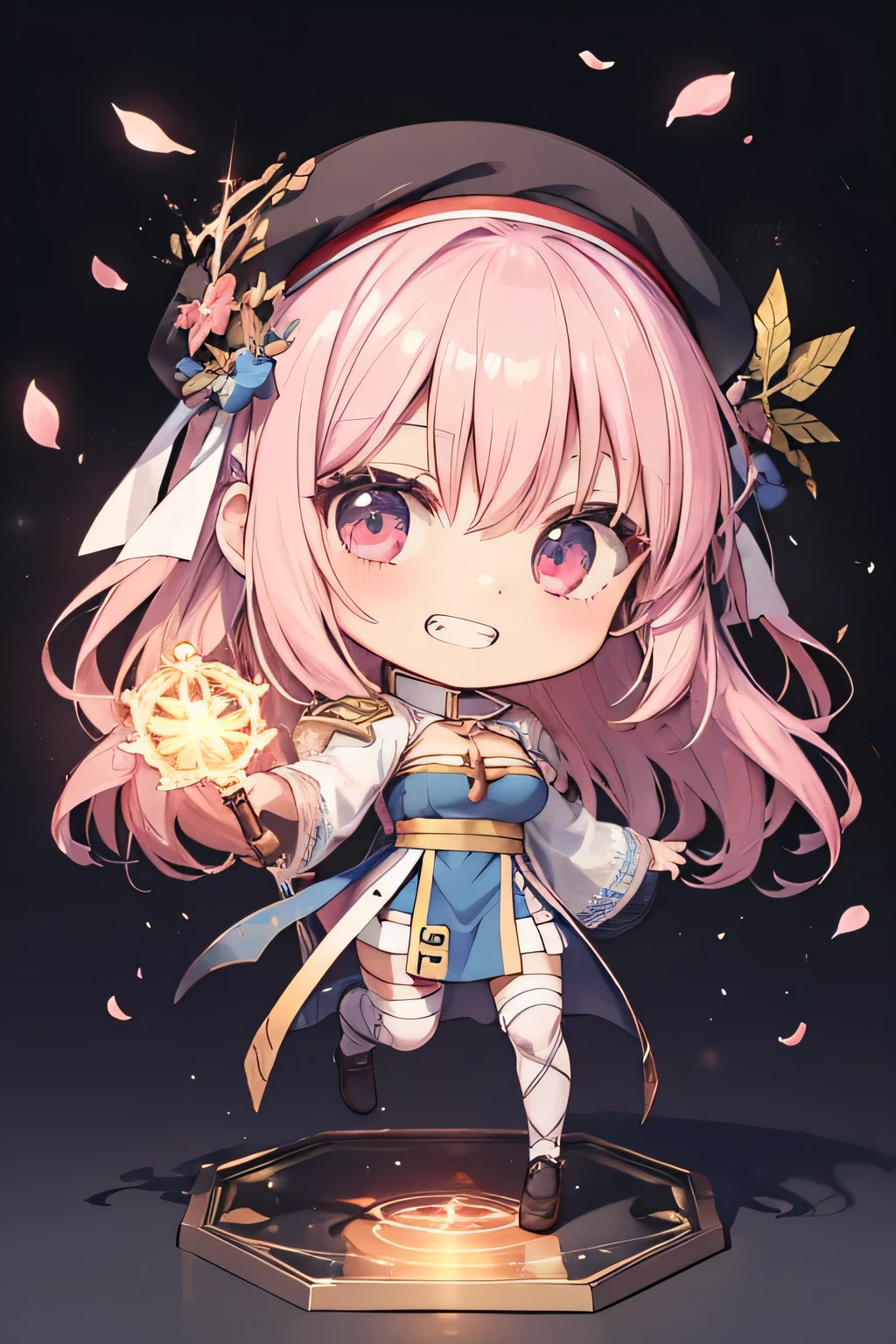 happy girl ( showing teeth), standing, combat pose,  pink hair color,  mmorpg background ,  mmorpg background (A stranger), complete anatomy,   graphic effects ,  ornament of a flower-shaped accessory on the head, aura, white beret, scepter, height 159 cm  ( 5 feet 3 inches ),  summoning circle, Castea ability Heal ( ragnarok online ), Blue Fire Force +vapor,  fire around, strong breeze ,  sakura petals and leaves, primera persona, blush,  looking at the spectator , Charm, Pausa de toque ciego  looking at the spectator ,  anime style very detailed face, 8K, light and shadow effect.  masterpiece,  The best quality , fullbody, Chibi, , (change:1.2), Nendoroide, PVC models 