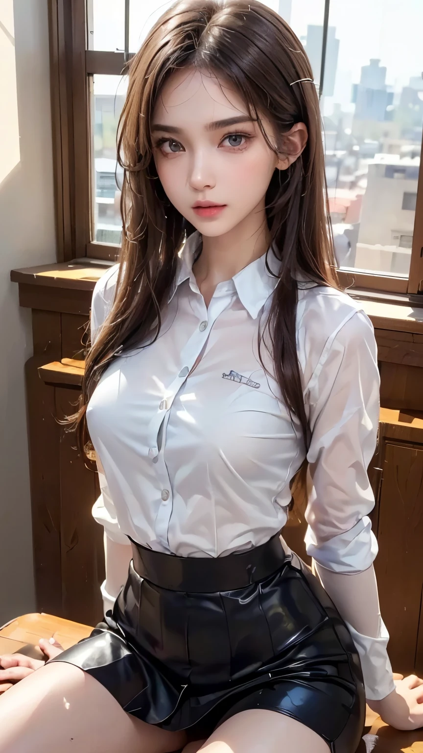 (1young woman), kawaii face, (highly detailed face), Amazing face and eyes, (Best Quality:1.4), (Ultra-detailed), (extremely detailed CG unified 8k wallpaper), Highly detailed, High-definition raw color photos, Professional Photography, Realistic portrait, Amazing face and eyes, Pink eyes, indoors, office, (office lady, shirt, miniskirt,:1.3), model, depth of fields, (fine face:1.2),