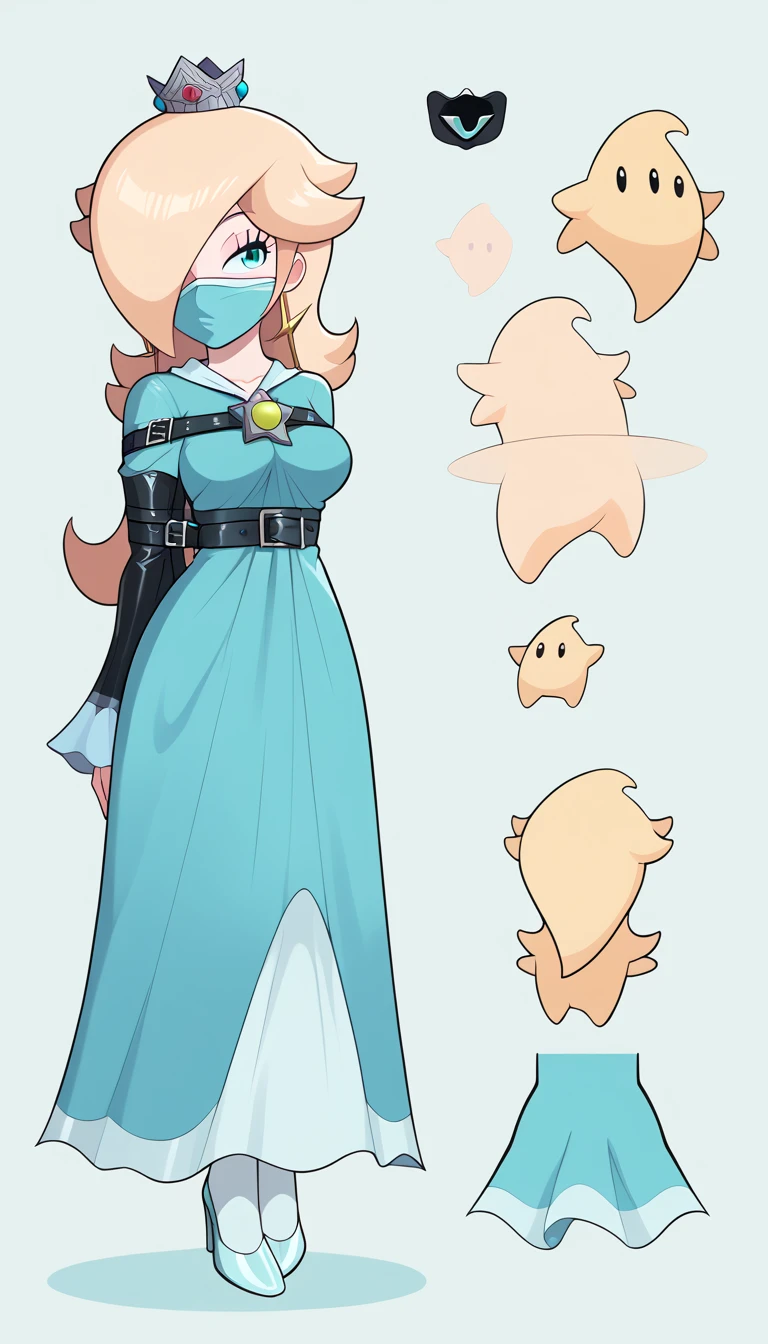 score_9, score_8_up, score_7_up, 1 girl,  rosalina from súper mario lore, (rosalina dress outfit), flirt, gaze, sexy look, half-closed eyes, (full bodies in view), perfect proportions, simple background. standing,  belt bondage, bound arms, arms behind back, tight mask, black mask, (armbinder: 1.4), ((charactersheet, reference sheet, multiple views)), ((character design sheet, same character, front, side, back)), (leather mask), complete body .