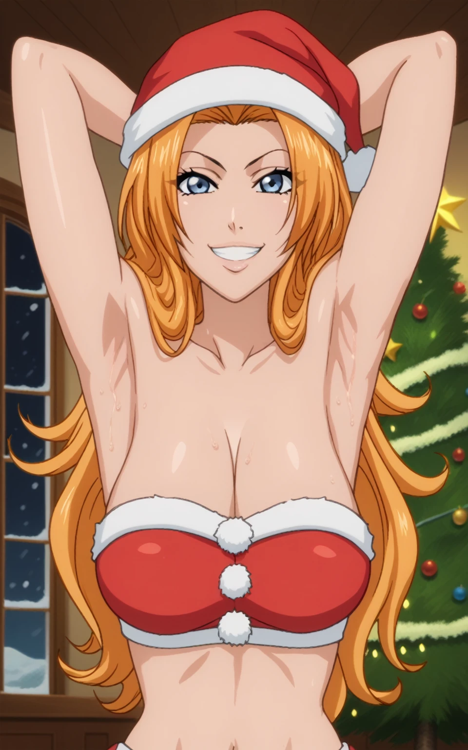 score_9, score_8_up, score_7_up, source_anime, anime screencap, 1girl, solo, rangiku matsumoto, long hair, orange hair, blue eyes, Santa costume, red costume, strapless, Santa hat, arms behind head, armpits, medium breasts, looking at viewer, head towards viewer, smile, teeth, badhandv4, indoors, Christmas tree, sweaty armpits