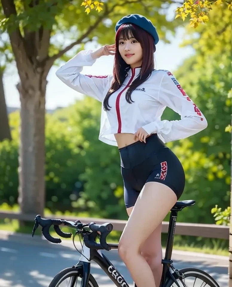 ( realistic ), ( EXQUISITE DETAILS : 1.2), (masterpiece: 1.3), ( top quality: 1.4), (Ultra High Resolution A: 1.2), Ultra High Resolution A, ( detail eyes ), ( detailed face ), Dramatic lighting,  Clear Focus ,  one beautiful girl ,  beautiful Japanese idol ,( sexy bike racing uniform ), uniform with open chest ,  Perfect Teenage Girl Riding a Bike,In addition々Sissy Face ,   beautiful face, Smiles, big full breasts ,skin,Big Size Earth, see-through sexy shirt ,光沢のあるskin,Perfect hands,Nice legs,Wet skin sweat,( Road Bike Riding :1.2),Ginkgo tree with leaves,Autumn blue sky,(Leaves fall......),Pose showing buttocks , viewers with flowers in their hair,( showing head to thighs:1.2),  back view、 toned buttocks 、 toned thighs 、 short bob 、 red hair、Wear a beret、 slender 、