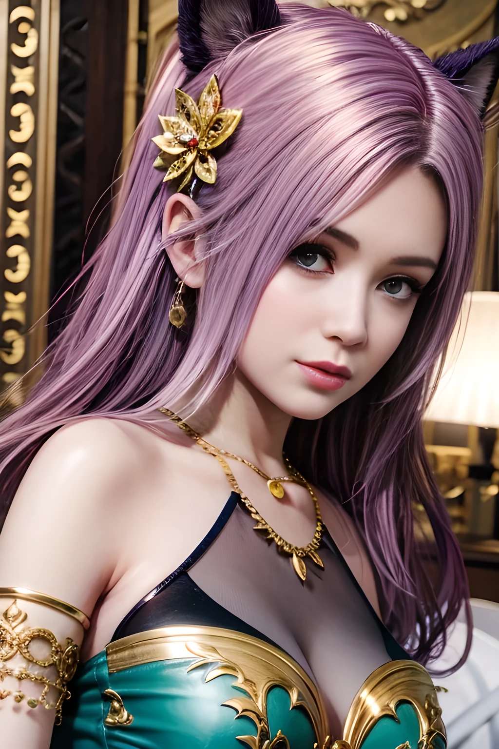 A highly detailed 3D-rendered female character with teal long hair and cat ear accessories, wearing a sheer lace bodysuit adorned with floral patterns and golden details. The character is posed elegantly against a luxurious indoor setting with soft warm lighting and ornate decor, emphasizing a romantic and glamorous atmosphere, ultra-realistic textures and high-resolution details, cinematic lighting.