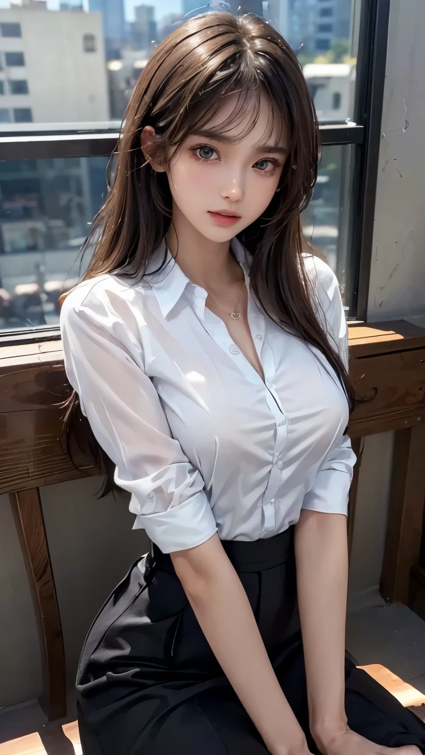 (highest quality, 8k, masterpiece, Ultra HD: 1.3), (K-Pop Idols: 1.6), 1. Cute girl, (Big Breasts: 1.2), (Long Hair), Abdominal muscles, Perfect figure, Ultra-fine face, Delicate lips, Beautiful Eyes, double eyelid, detailed Eyes, Beautiful Hands, Very thin fingers, Office Wear, White tight shirt, Short tight skirt (humid) ((Excited: 1.5)), Night city view from the window , detailed , Open Shirt Show, Luxury Office Manager,