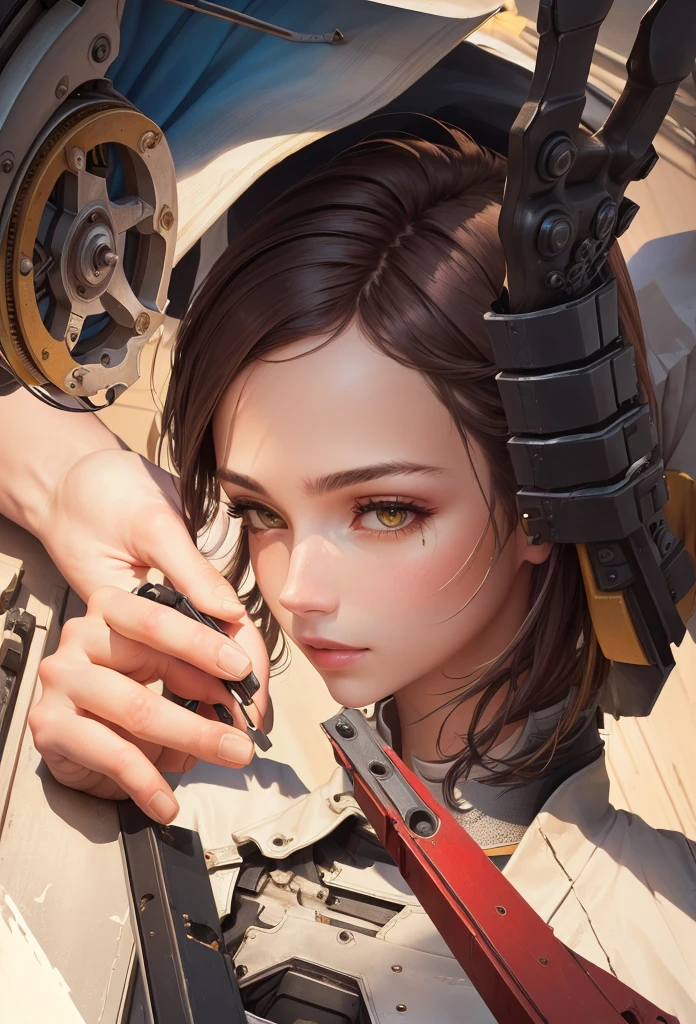 ((8K resolution))、((highest quality))、((masterpiece))、((Very detailed))((((dramatic))), (Anatomically correct)、The depth of the object to write、Looking at the camera、front、(woman、Mechanical bones格、Mechanical boneechanical Cervical Vertebra、Long and thin、lipstick、Spit sludge from the mouth、Bloody)、spooky、an ominous、((theme、whole body:1.1)), SF、rifle、Maintenance oil、Design、background:Maintenance Dock