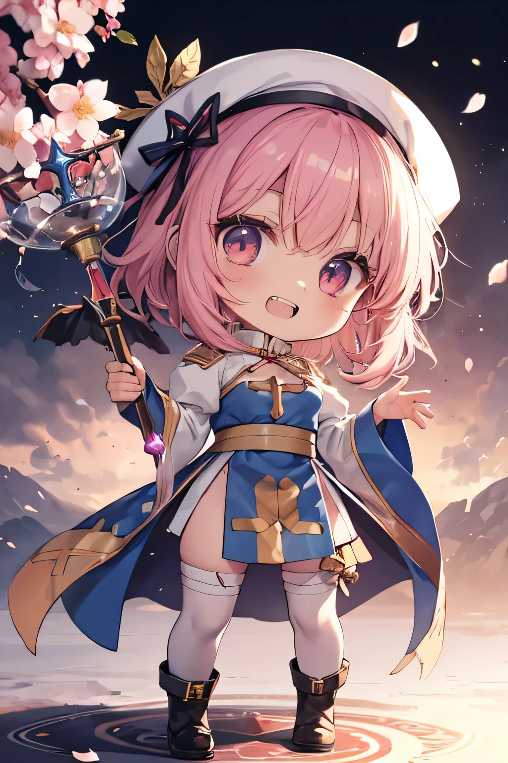 happy girl ( showing teeth), standing, combat pose,  pink hair color,  mmorpg background ,  mmorpg background (A stranger), complete anatomy,   graphic effects ,  ornament of a flower-shaped accessory on the head, aura, white beret, scepter, height 159 cm  ( 5 feet 3 inches ),  summoning circle, Castea ability Heal ( ragnarok online ), Blue Fire Force +vapor,  fire around, strong breeze ,  sakura petals and leaves, primera persona, blush,  looking at the spectator , Charm, Pausa de toque ciego  looking at the spectator ,  anime style very detailed face, 8K, light and shadow effect.  masterpiece,  The best quality , fullbody, Chibi, , (change:1.2), Nendoroide, PVC models 