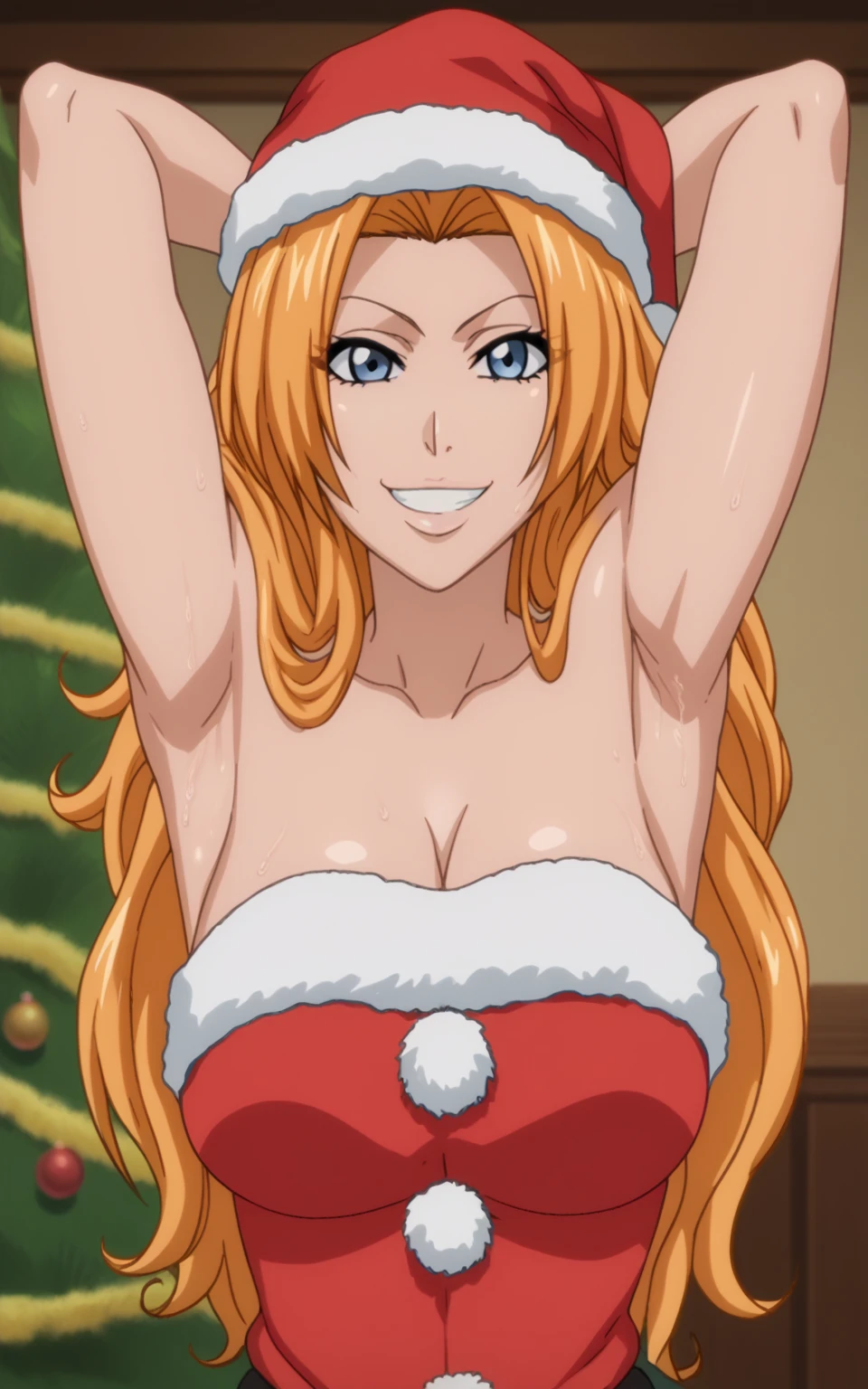 score_9, score_8_up, score_7_up, source_anime, anime screencap, 1girl, solo, rangiku matsumoto, long hair, orange hair, blue eyes, Santa costume, red costume, strapless, Santa hat, arms behind head, armpits, looking at viewer, head towards viewer, smile, teeth, badhandv4, indoors, Christmas tree, sweaty armpits