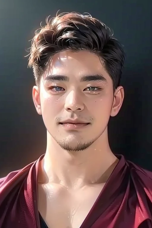 (best quality,4k,8k,highres,masterpiece:1.2),ultra-detailed,(realistic,photorealistic,photo-realistic:1.37),30 year old man,3 day beard,handsome anime,portraits,strong,masculine,dark hair,sharp jawline,mesmerizing eyes,perfectly styled hair,cool anime outfit,confident expression,vibrant colors,dynamic lighting, expression smile in love.