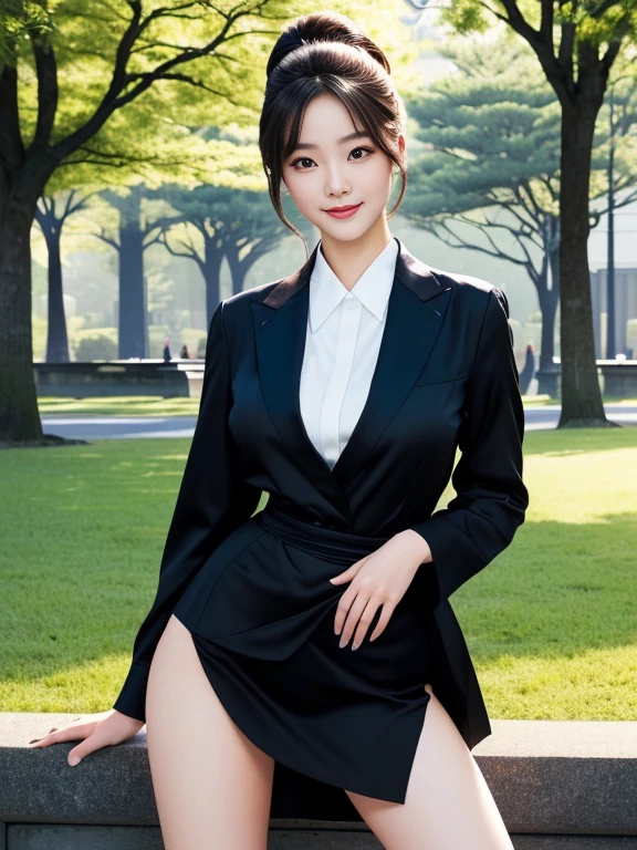  hyperrealistic 8K,  ultra-high definition and realistic depiction , I'm wearing , fashion photography, (Full body leg shot ),  Japanese woman standing, Vintage and beautiful Japanese female models,  full-body image of a Japanese woman in an empty park , Hands behind the body,  I'm wearing a strict black business suit , Black short tight skirt ,  black ankle strap pumps, Seductive figure ,  , Delicate makeup,  beautiful face, Smiling, The eyes of the audience , My eyes are very well-balanced ,  very detailed eyes,  Thin Waist,  thin thighs 