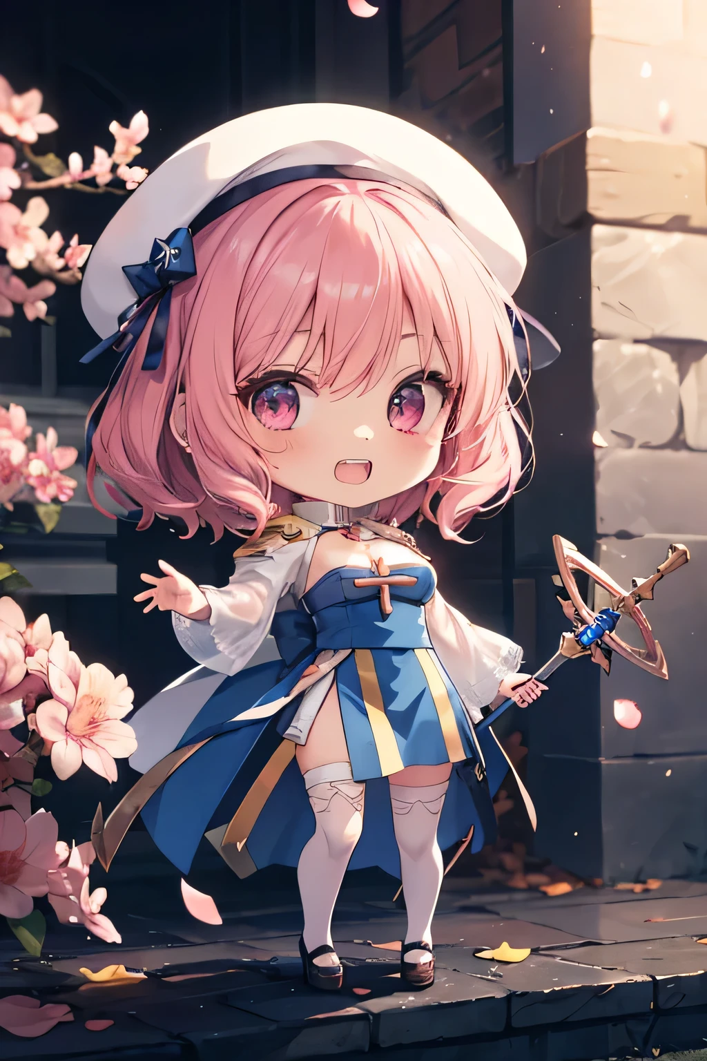 happy girl ( showing teeth), standing, combat pose,  pink hair color,  mmorpg background ,  mmorpg background (A stranger), complete anatomy,   graphic effects ,  ornament of a flower-shaped accessory on the head, aura, white beret, scepter, height 159 cm  ( 5 feet 3 inches ),  summoning circle, Castea ability Heal ( ragnarok online ), Blue Fire Force +vapor,  fire around, strong breeze ,  sakura petals and leaves, primera persona, blush,  looking at the spectator , Charm, Pausa de toque ciego  looking at the spectator ,  anime style very detailed face, 8K, light and shadow effect.  masterpiece,  The best quality , fullbody, Chibi, , (change:1.2), Nendoroide, PVC models 