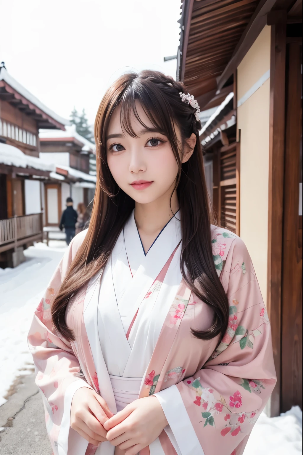 (NSFW:1.1)、 photorealistic、( Perfect Anatomy)female 1 person、age: 32、 The hairstyle is semi-long and loosely wrapped、 hair color is pretty light brown、Applying blush to the cheeks、Wearing false eyelashes、 I wear silver colored contact lenses、There are light eyeshadows、 lips are pink and glossy、smile、New Year、first visit of the year to a shrine、 wearing a kimono but showing my breasts 、Outdoor、noon、 snow is falling