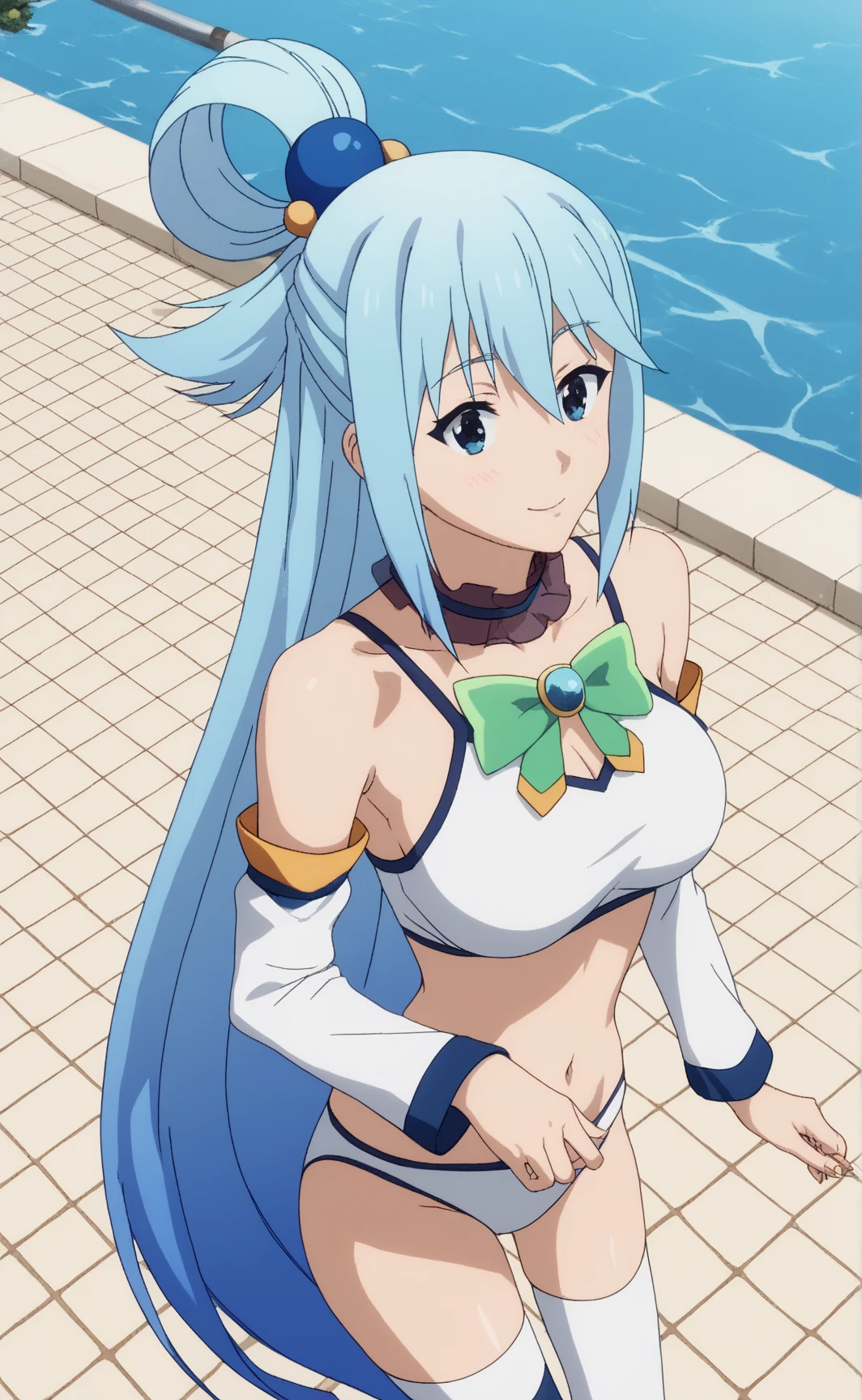 ,anime screenshot,anime coloring,showing panties, (white panties), 1girl, general plane, long hair, solo, open mouth, smile, full body, head tilt, blue hair, blue eyes, separate sleeves, high boots, outdoor, sun, trees, river, hair ornament, simple background, bare shoulders, single hair ring, green bow, looking at the viewer, blue shirt,