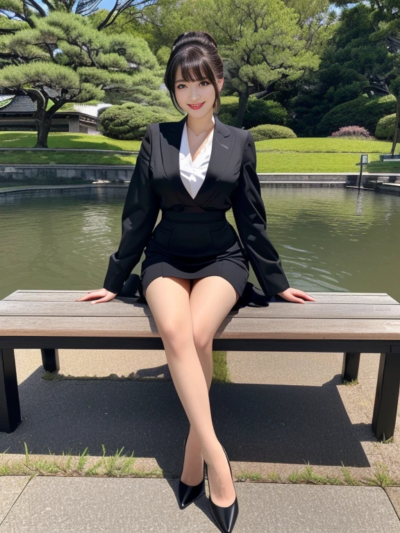  hyperrealistic 8K,  ultra-high definition and realistic depiction , I'm wearing , fashion photography, (Full body leg shot ),  Japanese woman standing, Vintage and beautiful Japanese female models,  full-body image of a Japanese woman in an empty park , Hands behind the body,  I'm wearing a strict black business suit , Black short tight skirt ,  black ankle strap pumps, Seductive figure ,  , Delicate makeup,  beautiful face, Smiling, The eyes of the audience , My eyes are very well-balanced ,  very detailed eyes,  Thin Waist,  thin thighs 