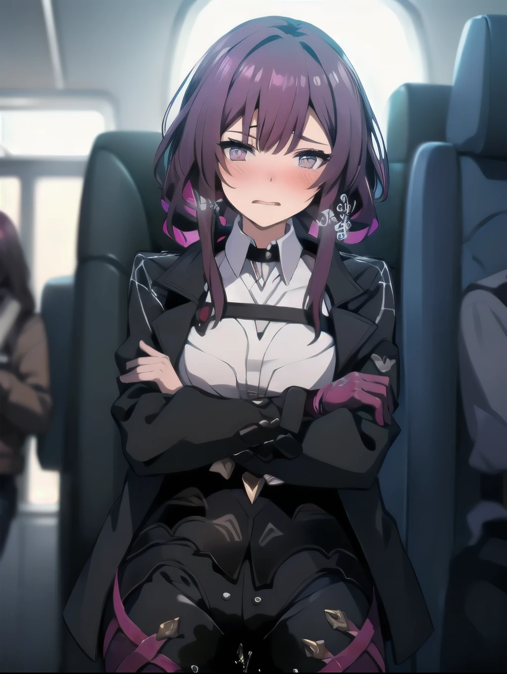 (highest quality:1.37), (masterpiece:1.37), HDR, physically-based rendering, bokeh, (cinematic lighting:1.37), aakafka, sunglasses, eyewear on head, harness, black jacket, white shirt, collared shirt, long sleeves, white sleeves, purple gloves, black shorts, thigh strap, pantyhose4, standing. The artwork is inspired by manga and incorporates a doujin style. The woman appears to be (wetting herself:1.5), which causes her to feel embarrassed and humiliated, resulting in a blush on her face. In addition, there is an air of anger in her expression. The lighting in the scene is moody, with a spotlight highlighting the woman's figure, her arms are crossed (arms crossed:1.5), (crossing arms:1.5), pee stain, peeing stain., large breasts, skinny. Cởi quần