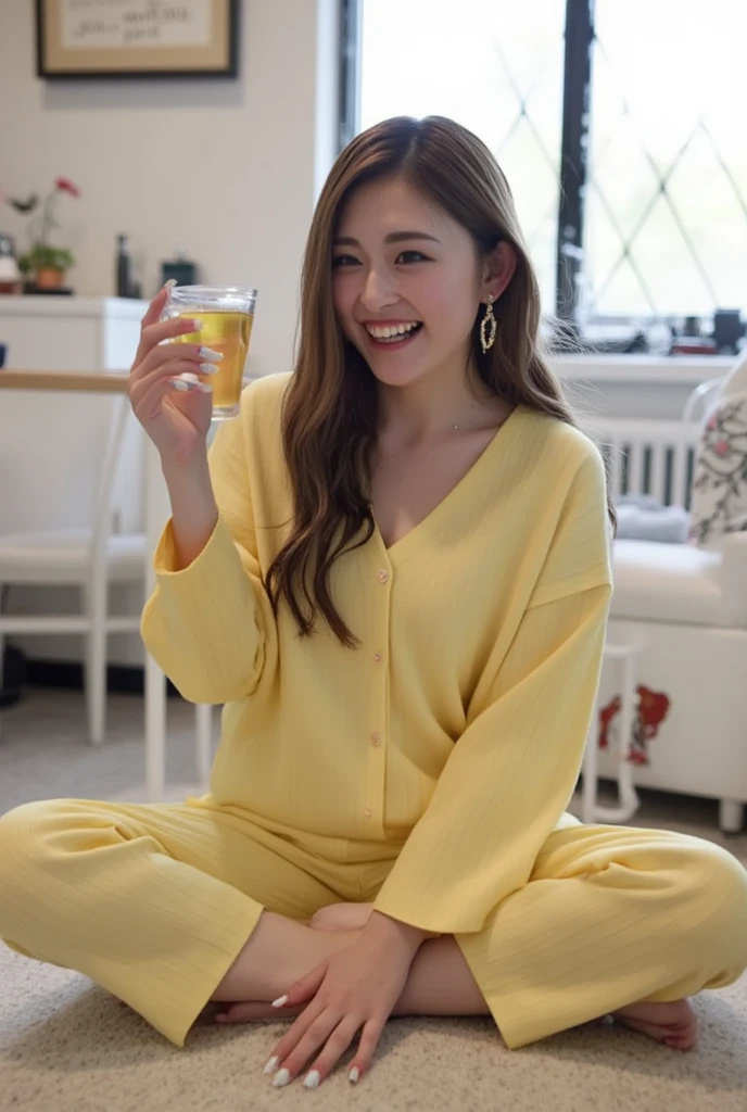 She wears off shoulder pajamas、They're in a cross-legged pose and laughing、living
