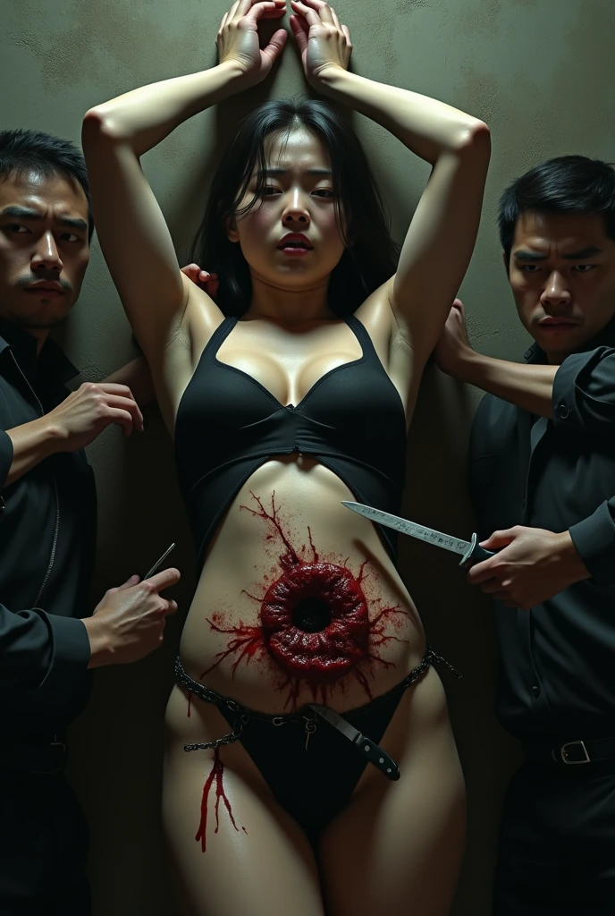 (Photorealism 1.2) (detailed) korean wearing a black widow arrested, molested by men in the shadow, bondage, tied up, arms over head, sweaty , held against the wall, harassment, perfect ass, looking back, seductive, . Bare belly exposed . The men are holding big knifes against the woman her belly . Her belly has a deep cut . Blood on her belly . Blood om the knifes . Guts visable . Belly torture