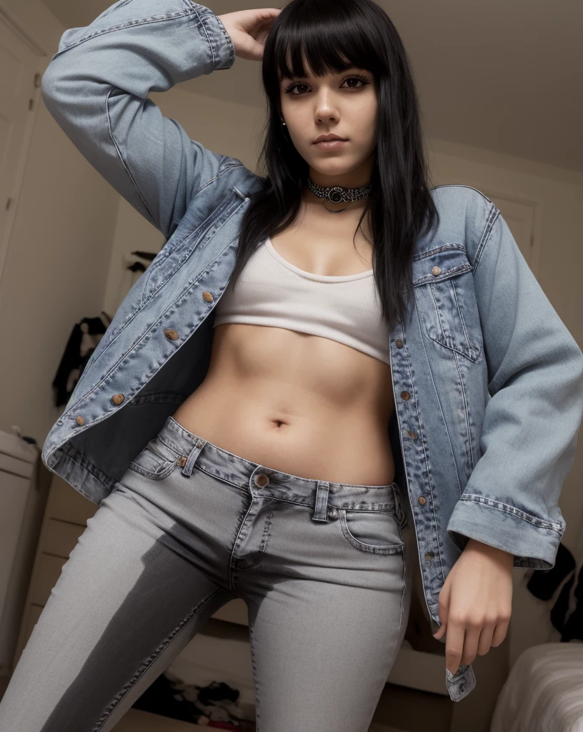 (pp clothes) RAW photo, photograph of a Qubcoise 20 years old woman, (detailed facial features), gorgeous face, grunge style, black hair with bangs, septum piercing, standing in her messy bedroom, pale skin, wearing eyeliner, grainy, (high detailed skin:1.2), goth, scene hair, (emo girl), teased hair, wearing bracelets, wearing choker necklace, wearing jeans, instagram, colorized, ((detailed face)), selfie, 