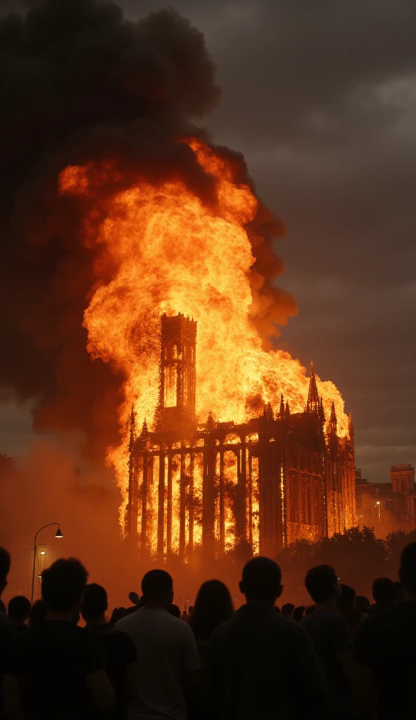 documentary photo of a burning church on top of a hill, clouds in the sky, watched through lens magnifier. Flames burn walls and roof, people run away in panic. extremely detailed, 8K, apocalyptic punk style, miniatures, macro photography in close-up, view from below, low angle shoot, Fujifilm X-T4