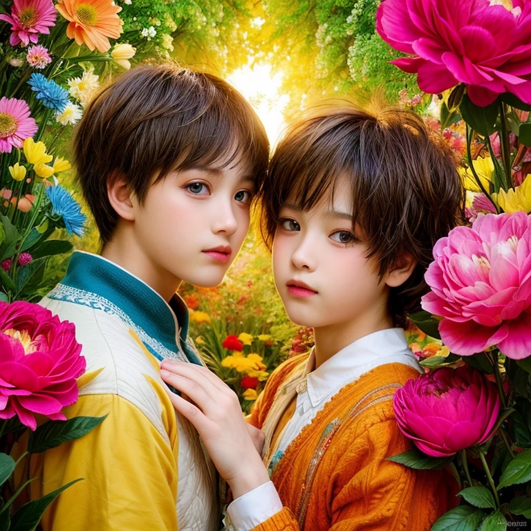  2 boys,  masterpiece ,  High quality ,  top quality  ,  official art  ,  beautiful and aesthetic , 2 boys,  very detailed ,flowers,  fractal art  , Colorful ,  highest detail 