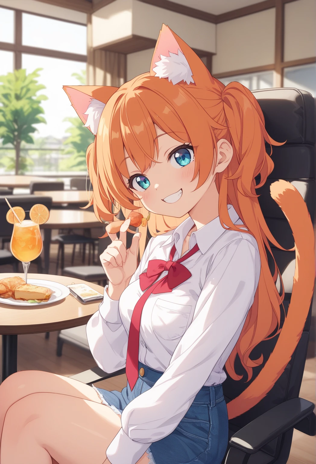 mayano topgun \Uma Musume\,  young girl、 very cute 、 smaller、 tight breasts、 denim skirt、 orange hair、 Top quality backgrounds、 restaurant 、cat ears、cat&#39;S-tail、（Eat）smile、Vision、 sit on a chair、Face your uncle 