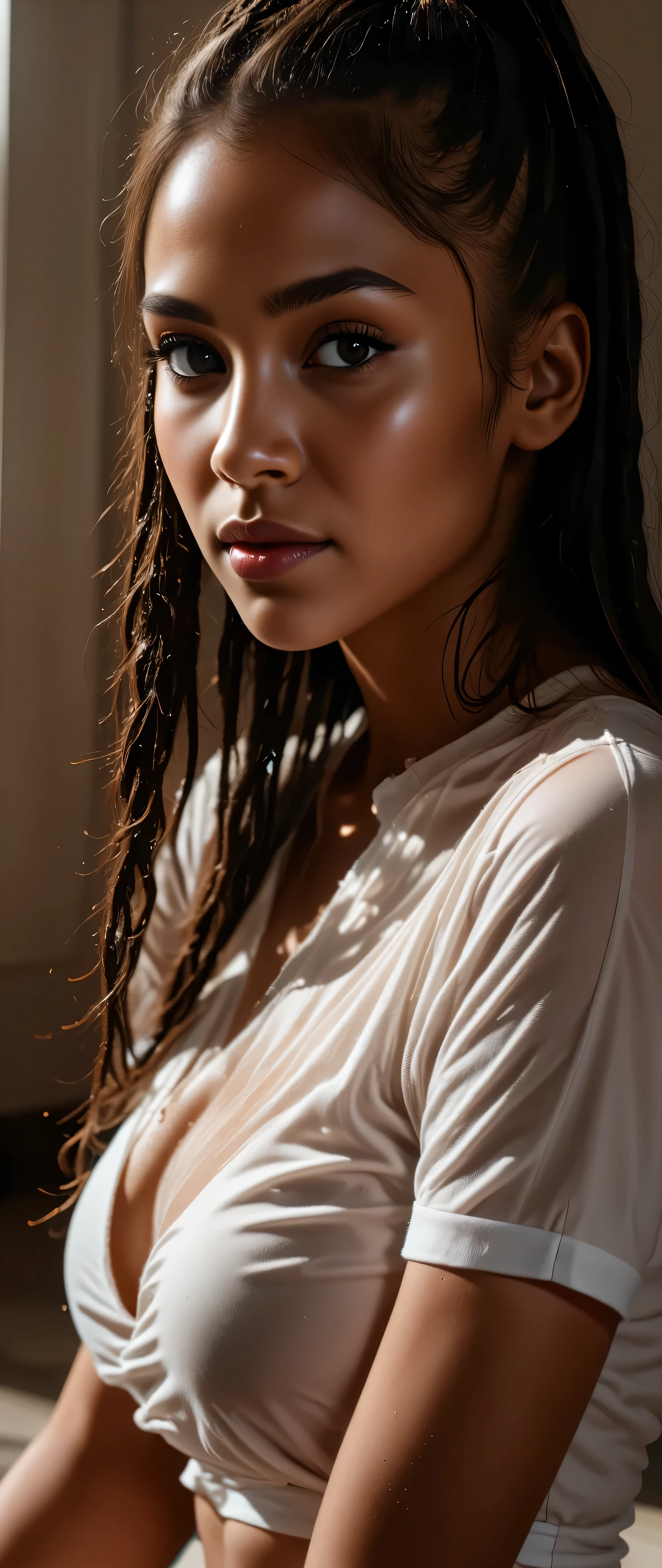 a black woman with (long braided hair), light brown eyes, sexy look, full mouth, dimple on the left cheek, (breasts highlighted under the (transparent white blouse) because it was ((wet with sweat))), hyper realistic, 8k,16k, highly detailed, cinematic lighting, dramatic shadows, photorealistic, sharp focus, ultra detailed skin texture, volumetric lighting, cinematic composition, dramatic colors, chiaroscuro lighting
