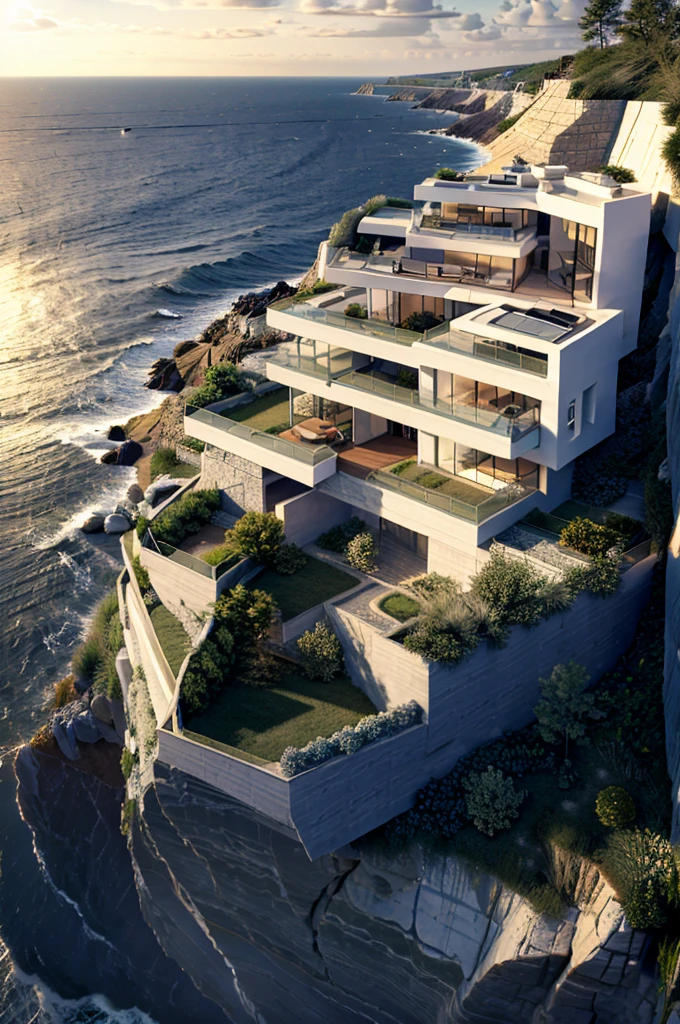 A modern-looking castle in a Cliff wall overlooking the sea 
