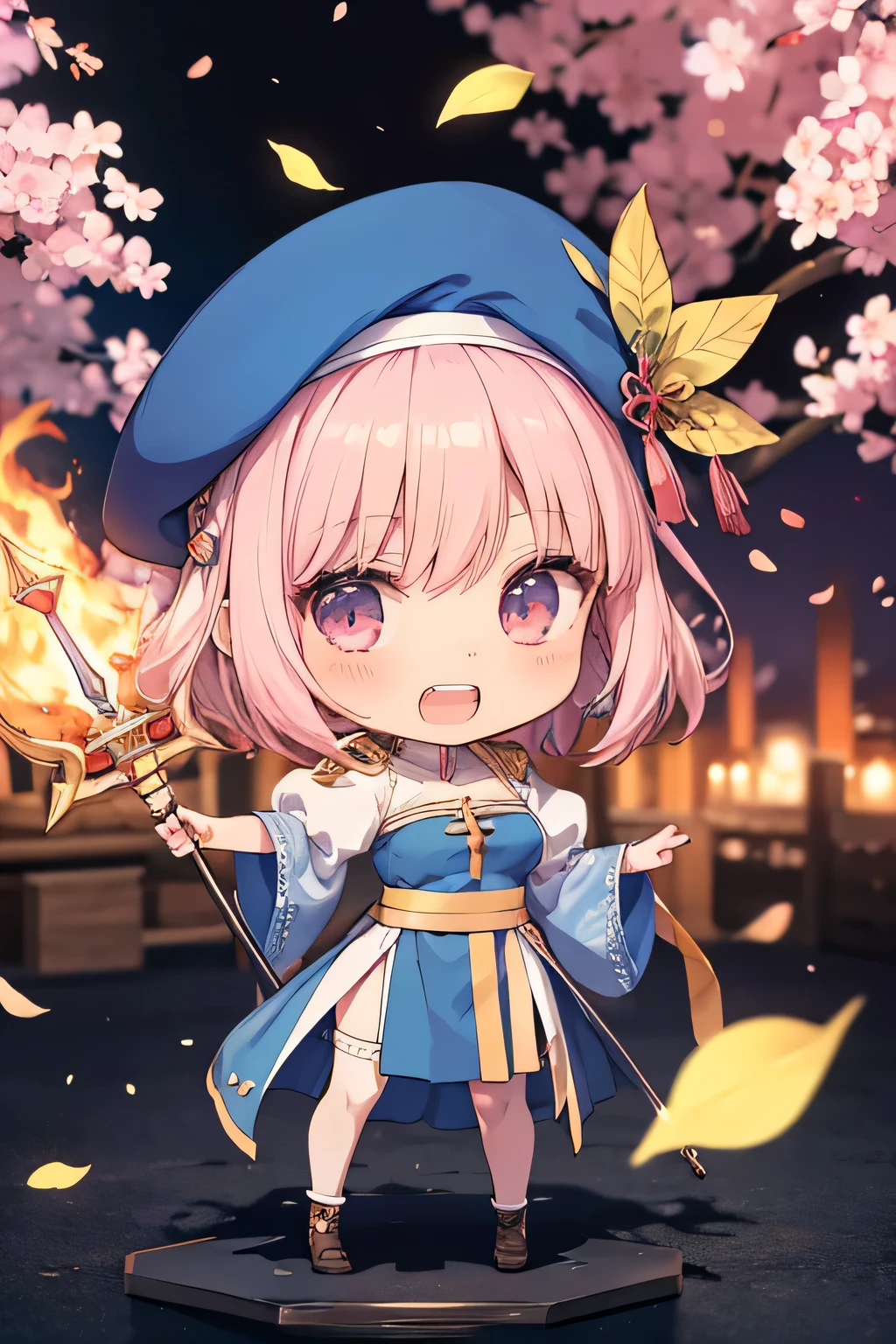 happy girl ( showing teeth), standing, combat pose,  pink hair color,  mmorpg background ,  mmorpg background (A stranger), complete anatomy,   graphic effects ,  ornament of a flower-shaped accessory on the head, aura, white beret, scepter, height 159 cm  ( 5 feet 3 inches ),  summoning circle, Castea ability Heal ( ragnarok online ), Blue Fire Force +vapor,  fire around, strong breeze ,  sakura petals and leaves, primera persona, blush,  looking at the spectator , Charm, Pausa de toque ciego  looking at the spectator ,  anime style very detailed face, 8K, light and shadow effect.  masterpiece,  The best quality , fullbody, Chibi, , (change:1.2), Nendoroide, PVC models 