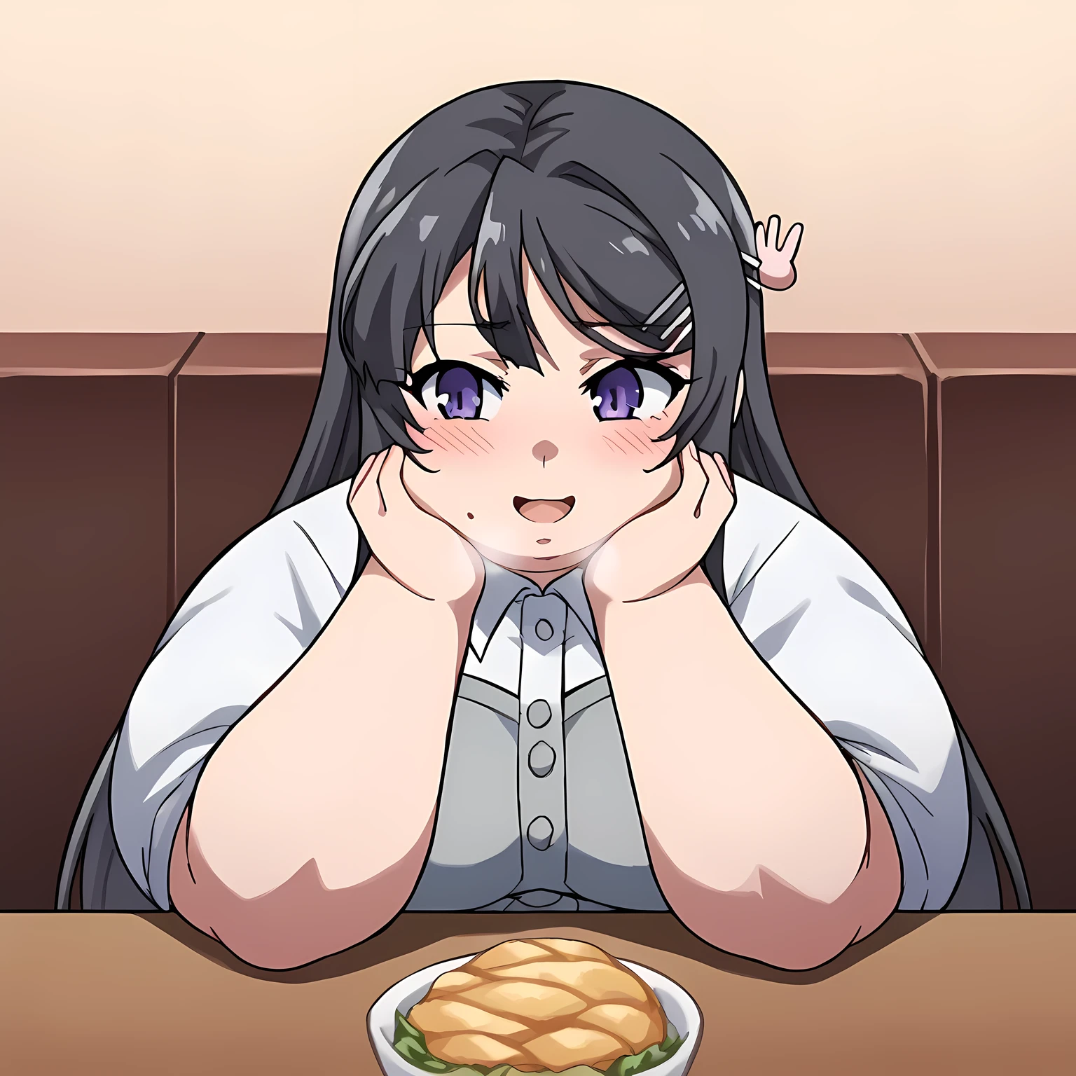 score_9, score_8_up, score_7_up, source_anime, maisakurajima, mai sakurajima, long hair, bangs, black hair, hair ornament, purple eyes, hairclip, rabbit hair ornament, medium breasts,, pov across table, pov dating, restaurant, table, meal, care, cup, head rest, smile, elbow on table, food, elbow rest, ,swollen face, fat, chubby, obese, open mouth, out of breath, absurdres, highres icon, rating:General, confused, blush, {flustered}, nervous sweating, portrait, pov hands, hand on another's cheek, averting eyes, [looking away], straight-on, from above,  upper body, masterpiece, best quality, ultra-detailed, high resolution, 8K, 