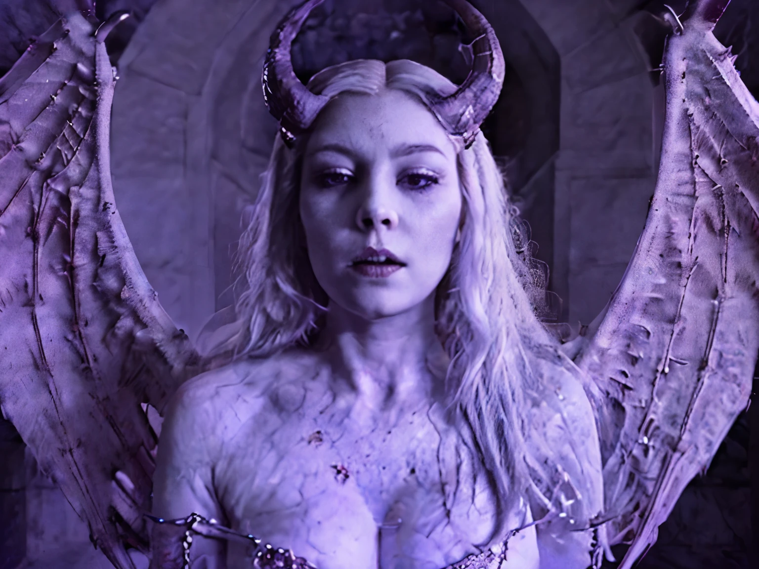 A dying holy demon queen beautiful face giant white gargoyle wings white horns red sharp nails long silver white hair pale skin ganged teeth