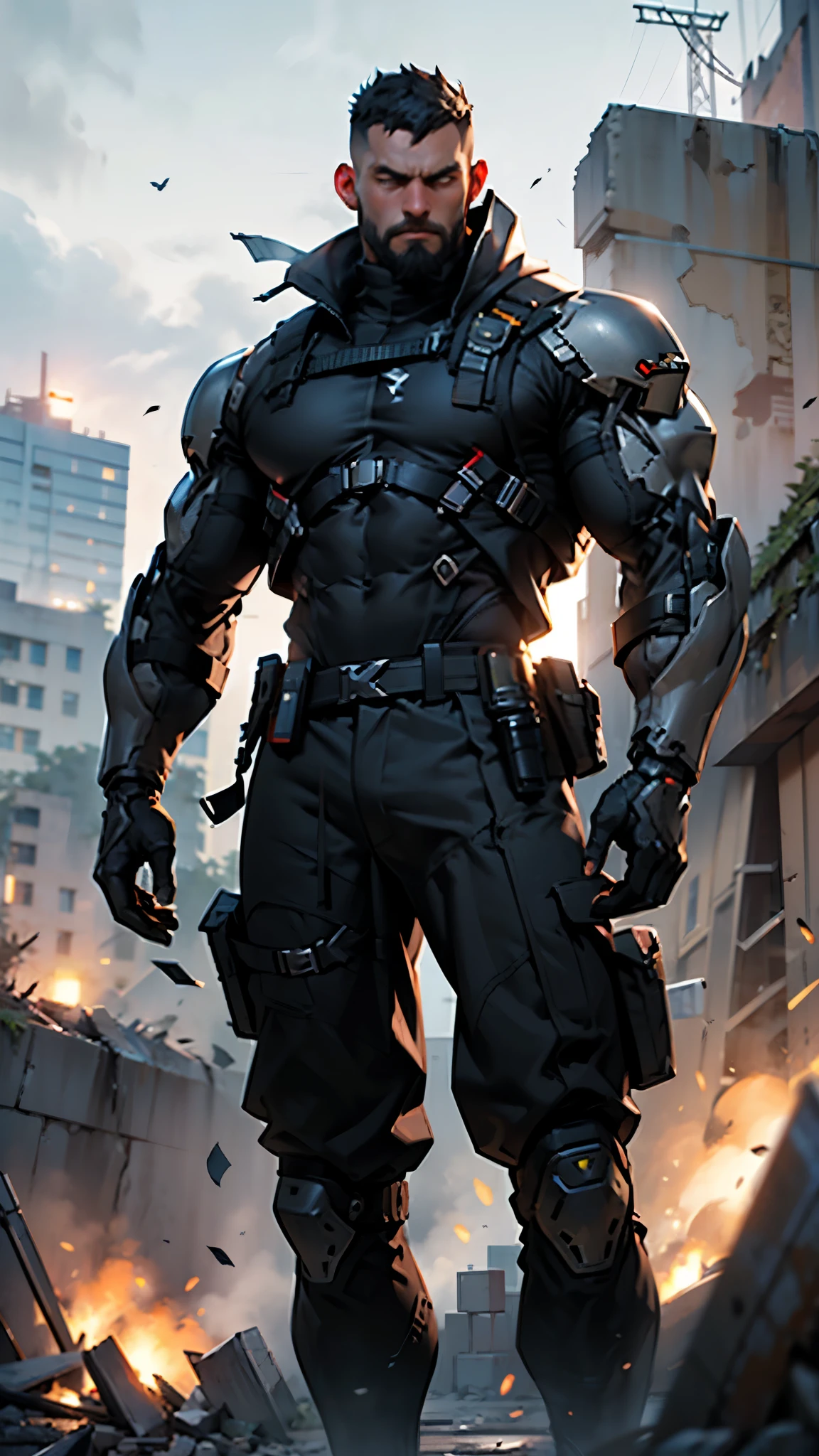 1 person, One, male soldier of the future with mechanical black iron legs, wear epTactical , works at high speed , battlefield ruins , focus on face , contract, Anatomically correct, top quality , masterpiece , upper body , dynamic lighting ,