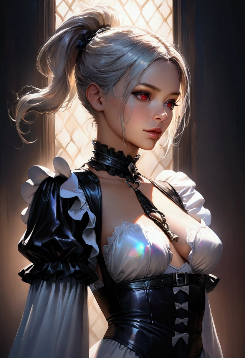 Masterpiece:1.2), best quality, riven \(league of legends\), 1girl, folded ponytail, short dress, coreset, single pauldron, white hair, black eyeshadow, bare shoulders, upper body, potrait, big tits