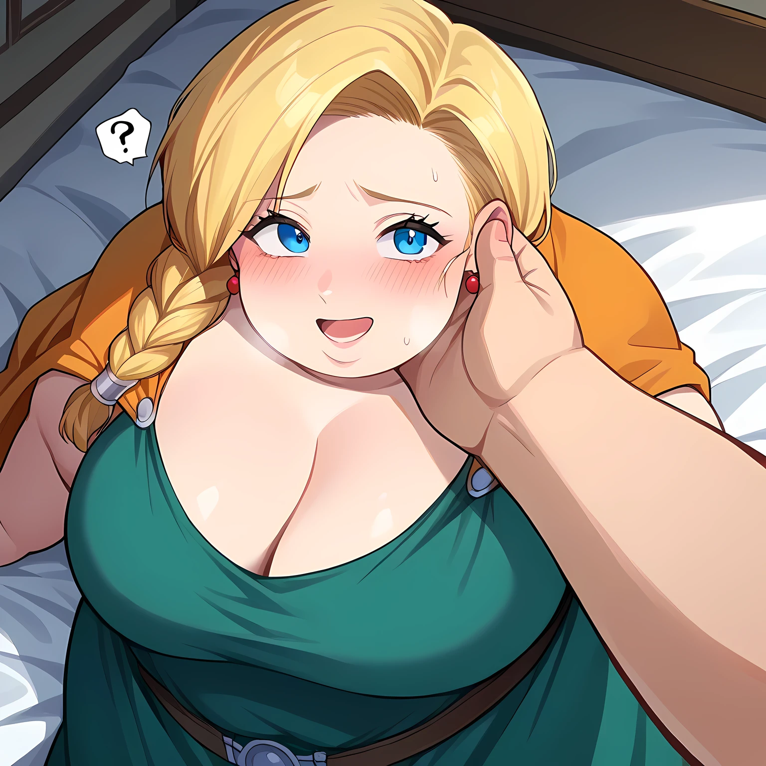 score_9, score_8_up, score_7_up, source_anime,
dqbianca, bianca, blonde hair, blue eyes, braid, braided ponytail, long hair, smile,
belt, brown belt, cape, dress, earrings, jewelry, green dress,
indoors, bed, bed room, on side,
looking at viewer, dutch angle, cowboy shot, swollen face, fat, chubby, obese, open mouth, out of breath, absurdres, highres icon, rating:General, confused, blush, {flustered}, nervous sweating, portrait, pov hands, hand on another's cheek, averting eyes, [looking away], straight-on, from above,  upper body, masterpiece, best quality, ultra-detailed, high resolution, 8K, 