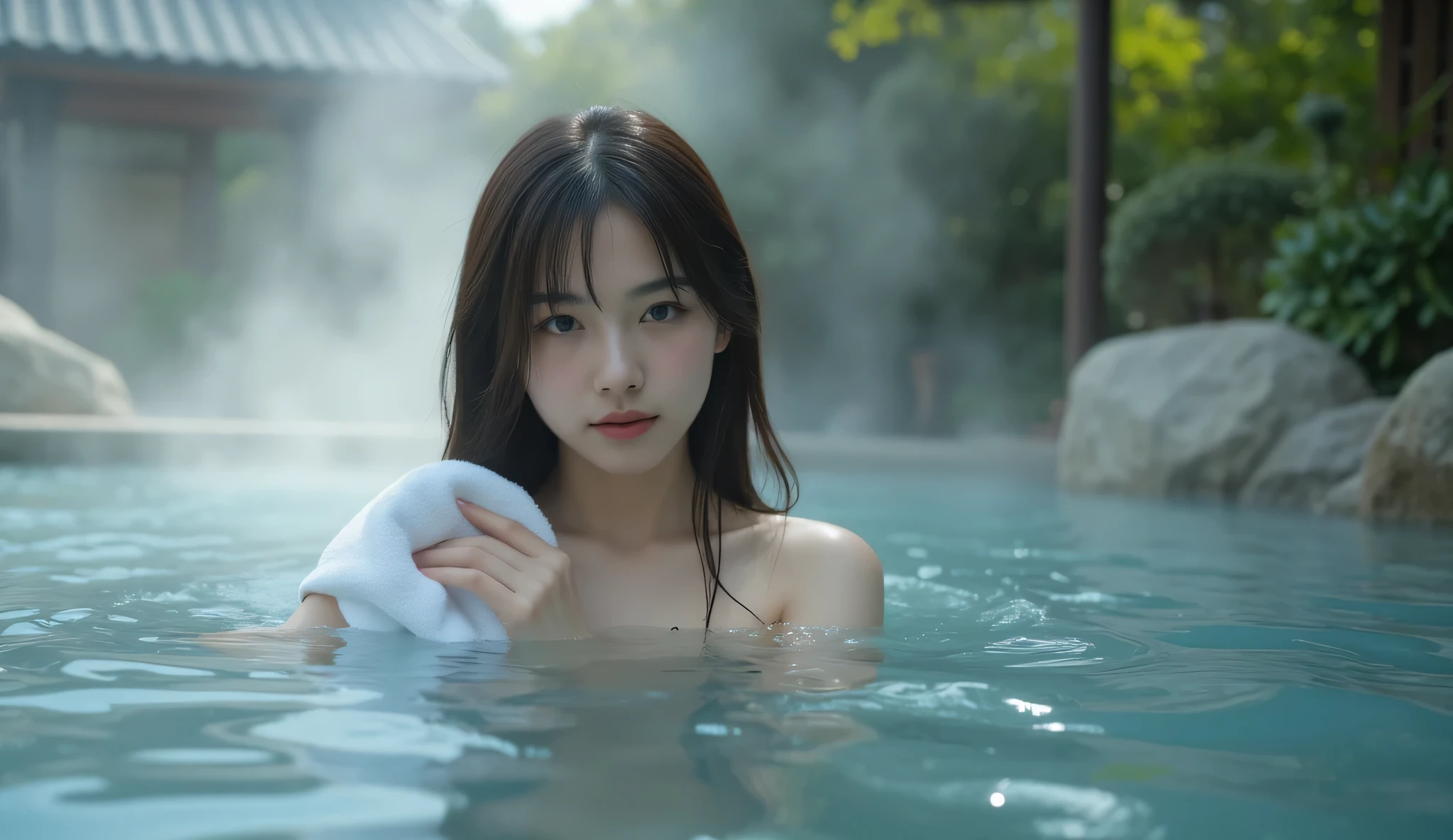 ( knight :1.7), Oriental architecture , 1 female, ((hot spring, hot spring:1.4)), moist skin, ((fog:2.1)), ( steam rises :1.8), growing skin , Glowing Skin, ((partially submerged in hot spring:1.4)), place a wet white towel close to the body , slightly submerged in hot springs . , perfect eyes,perfect face,(笑face:0.3), official artwork, Highly Detailed CG Unity 8k Wallpaper、 bright _Front_face_illumination,(masterpiece:1.0),(Highest_quality :1.0),ultra high definition ,4K, More Details, high definition of,8k, NFFS W , high definition , absurd :1.2,Kodak portra 400, film grain , Lens Flare Glow,(beautiful_face:1.4),8k,Raw footage ,( drawing a large outdoor bath :1.4) ,( wet hair :1.3),((beautifully depicts depth and width:1.3)),(( The open-air bath is surrounded by a Japanese garden and large rocks, with just 2 small lights .:1.3)), ((Smooth White Skin : 1.3)),