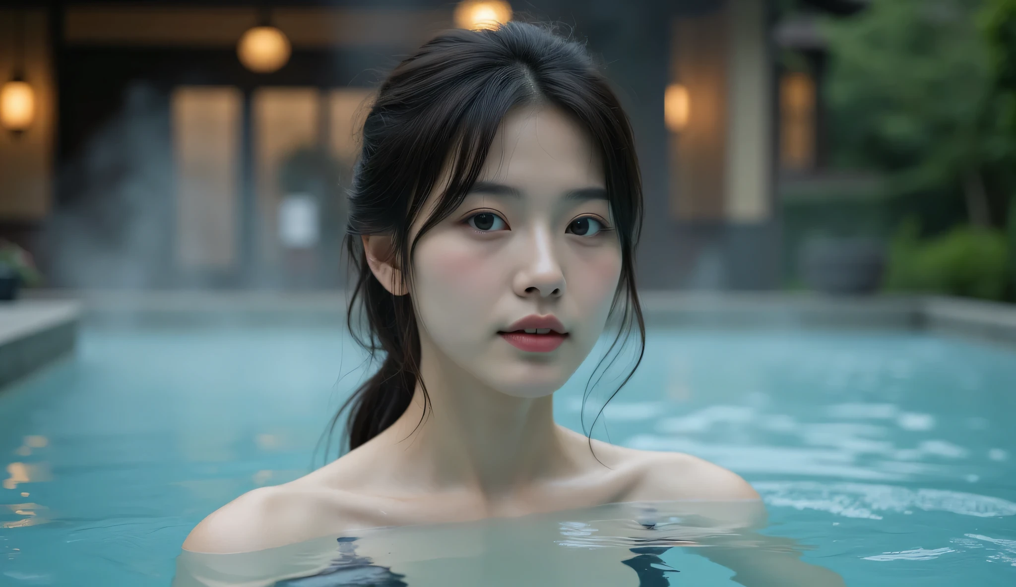 ( knight :1.7), Oriental architecture , 1 female, ((hot spring, hot spring:1.4)), moist skin, ((fog:2.1)), ( steam rises :1.8), growing skin , Glowing Skin, ((partially submerged in hot spring:1.4)), place a wet white towel close to the body , slightly submerged in hot springs . , perfect eyes,perfect face,(笑face:0.3), official artwork, Highly Detailed CG Unity 8k Wallpaper、 bright _Front_face_illumination,(masterpiece:1.0),(Highest_quality :1.0),ultra high definition ,4K, More Details, high definition of,8k, NFFS W , high definition , absurd :1.2,Kodak portra 400, film grain , Lens Flare Glow,(beautiful_face:1.4),8k,Raw footage ,( drawing a large outdoor bath :1.4) ,( wet hair :1.3),((beautifully depicts depth and width:1.3)),(( The open-air bath is surrounded by a Japanese garden and large rocks, with just 2 small lights .:1.3)), ((Smooth White Skin : 1.3)),