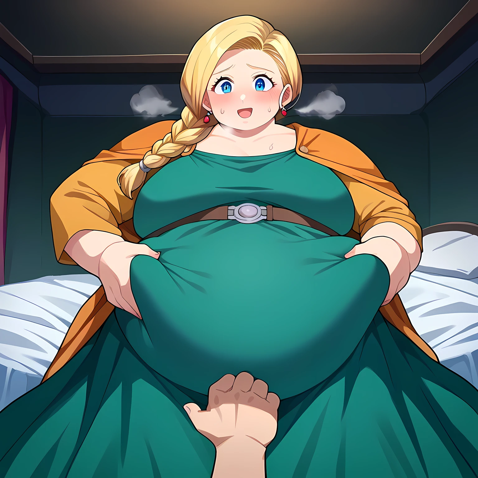 score_9, score_8_up, score_7_up, source_anime,
dqbianca, bianca, blonde hair, blue eyes, braid, braided ponytail, long hair, smile,
belt, brown belt, cape, dress, earrings, jewelry, green dress,
indoors, bed, bed room, on side,
looking at viewer, dutch angle, cowboy shot, bulging belly, fat, chubby, obese, open mouth, out of breath, absurdres, highres icon, rating:General, confused, blush, {flustered}, nervous sweating, portrait, pov hands, hand on another's belly, averting eyes, [looking away], straight-on, from below, swollen face, masterpiece, best quality, ultra-detailed, high resolution, 8K, 