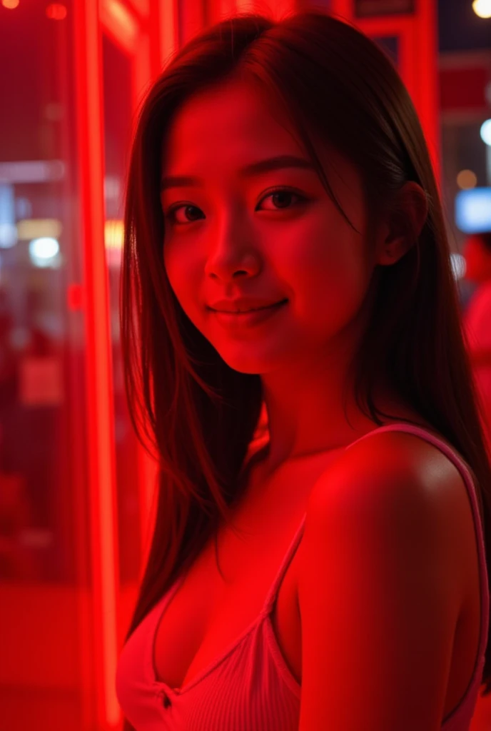 NSFW,
Through a large pane of glass, we see a young Korean woman standing illuminated by red lighting,
She looks at us and smiles sweetly,
She looks to be in her teens,
She is very beautiful,
The woman is wearing revealing clothing,