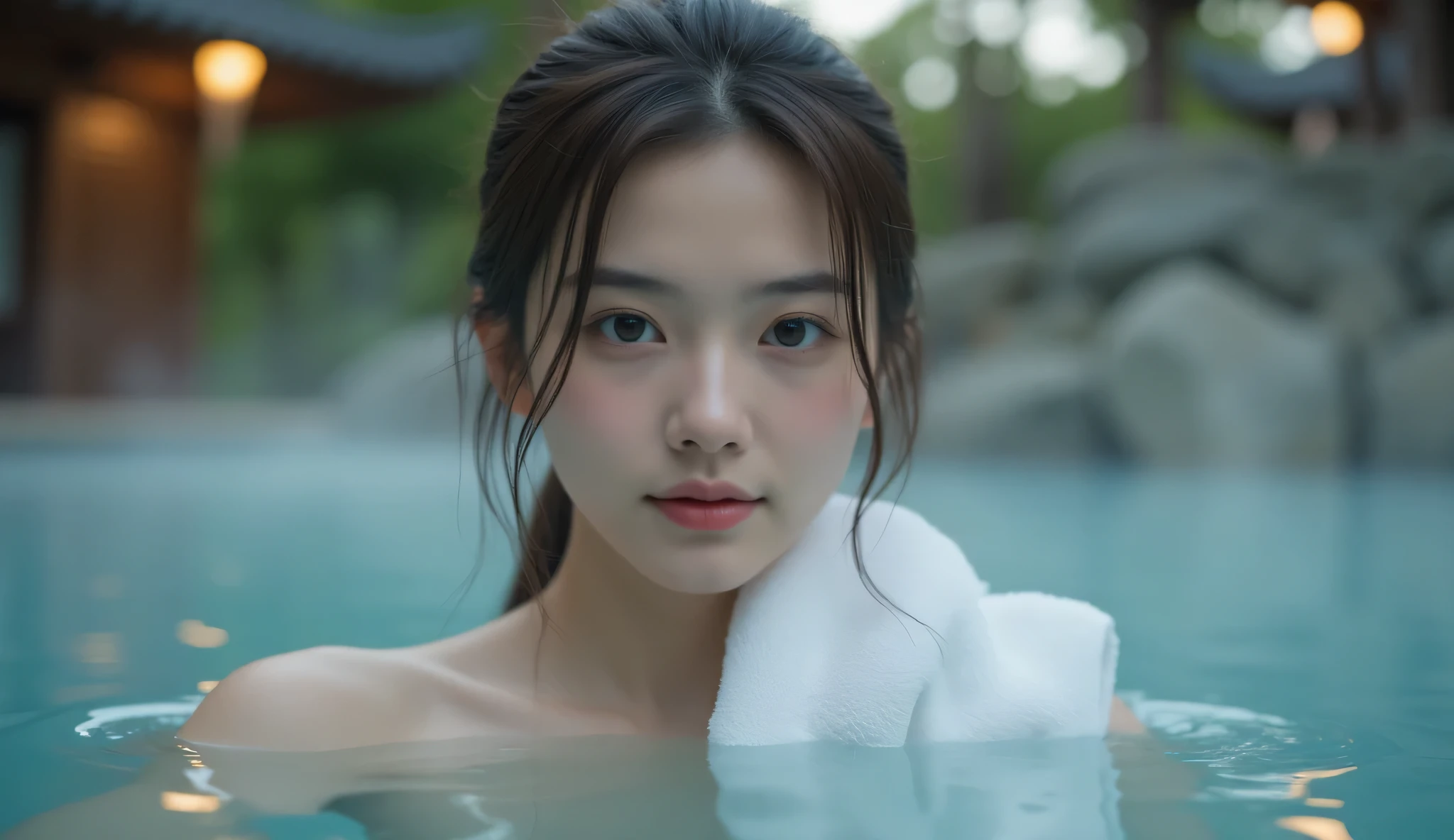 (  knight :1.8),  Oriental architecture , 1 female, ((hot spring, hot spring:1.4)), moist skin, ((fog:2.1)), ( steam rises :1.8),  growing skin , Glowing Skin, ((partially submerged in hot spring:1.4)),   place a wet white towel close to the body  ,   slightly submerged in hot springs  . ((Wet towel:1.3) ,  perfect eyes,perfect face,（笑face：0.4）， official artwork， Highly Detailed CG Unity 8k Wallpaper、 bright _Front_face_illumination，（masterpiece:1.0），(Highest_quality :1.0),ultra  high definition ,4K, More Details, high definition  of,8k, NFFS W , high definition , absurd :1.2,Kodak portra 400, film grain , Lens Flare Glow,（beautiful_face:1.4），8k,Raw footage ,(  drawing a large outdoor bath  :1.4) ,( wet hair :1.3),((beautifully depicts depth and width:1.3)),((  The open-air bath is surrounded by a Japanese garden and large rocks,  with just 2 small lights .:1.3)), ((Smooth White Skin : 1.3)),