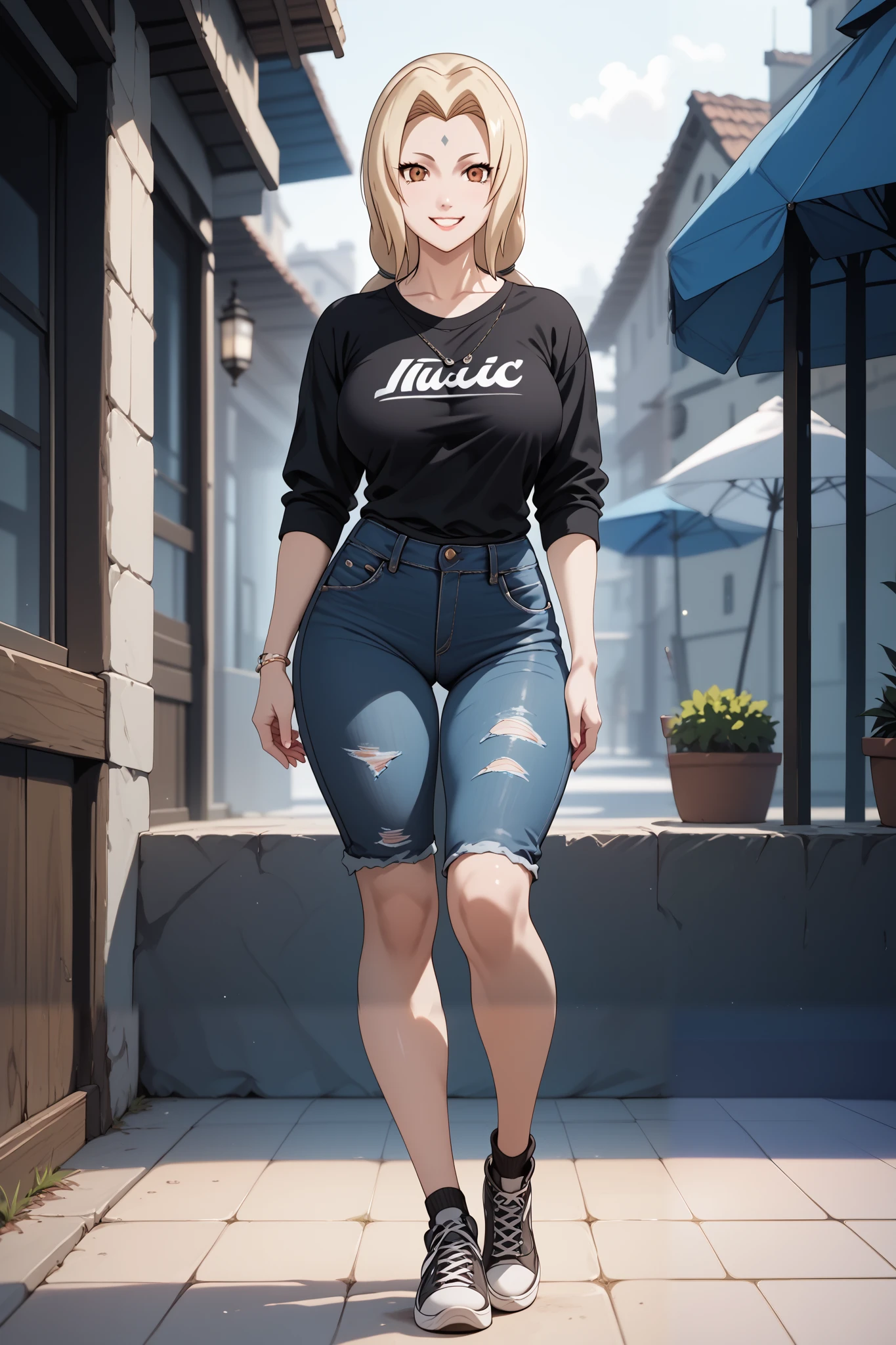 best quality, masterpiece, highres, 1girl,tsunade,((fullbody)),stand up,perfect slim body,smile,large breasts,sexy legs,black tshirt,ripped slimfit jeans,looking at viewers,front look,(high detailed skin:1.2), 8k uhd, dslr, soft lighting, high quality, Photograph, high resolution, 4k, 8k, Bokeh, plain white background